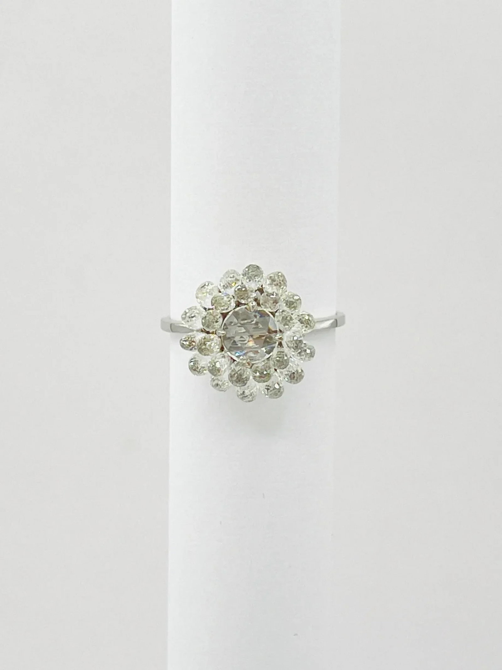 Briolette & Rose Cut Diamond Floral Cluster Ring in 18k White Gold Size 7.5 - 4