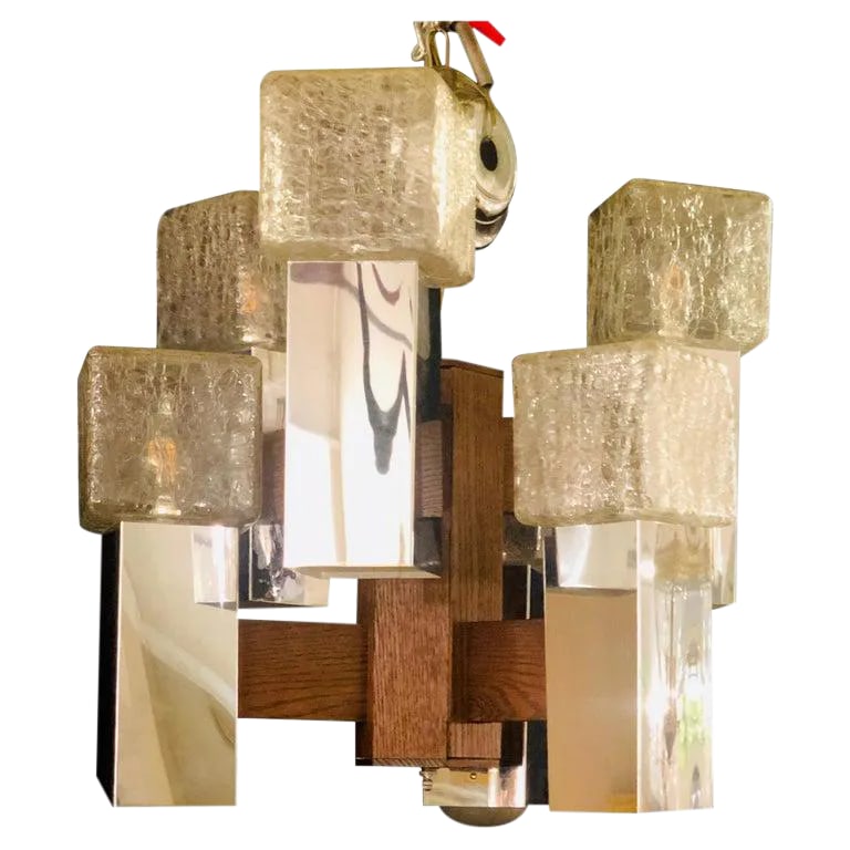 Art Deco Style Glass and Burl Wood Chandelier With 12 Lights and 2 Tier: Art Deco Style Glass and Burl Wood Chandelier with 12 Lights and 2 Tier. The boxed crackled glass cubes on chrome pedestals. Condition: Alterations: Original Condition Unaltered Imperfections: Some Im