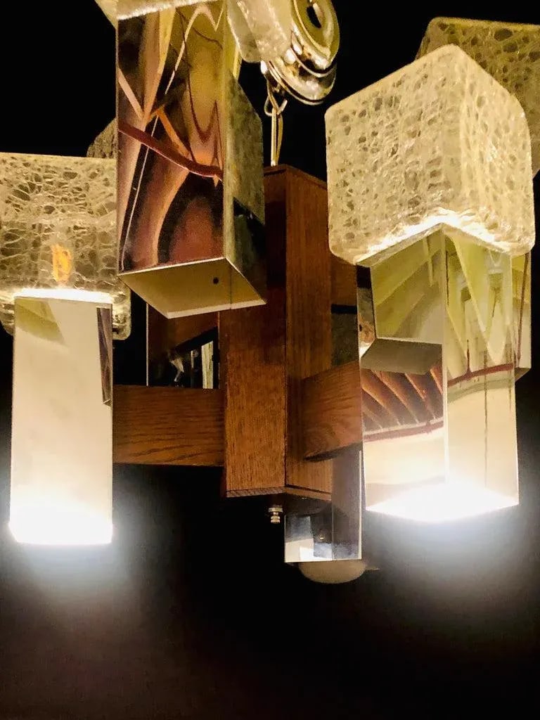 Art Deco Style Glass and Burl Wood Chandelier With 12 Lights and 2 Tier - 6
