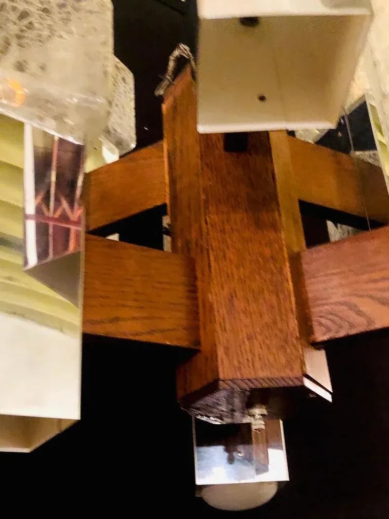 Art Deco Style Glass and Burl Wood Chandelier With 12 Lights and 2 Tier - 8