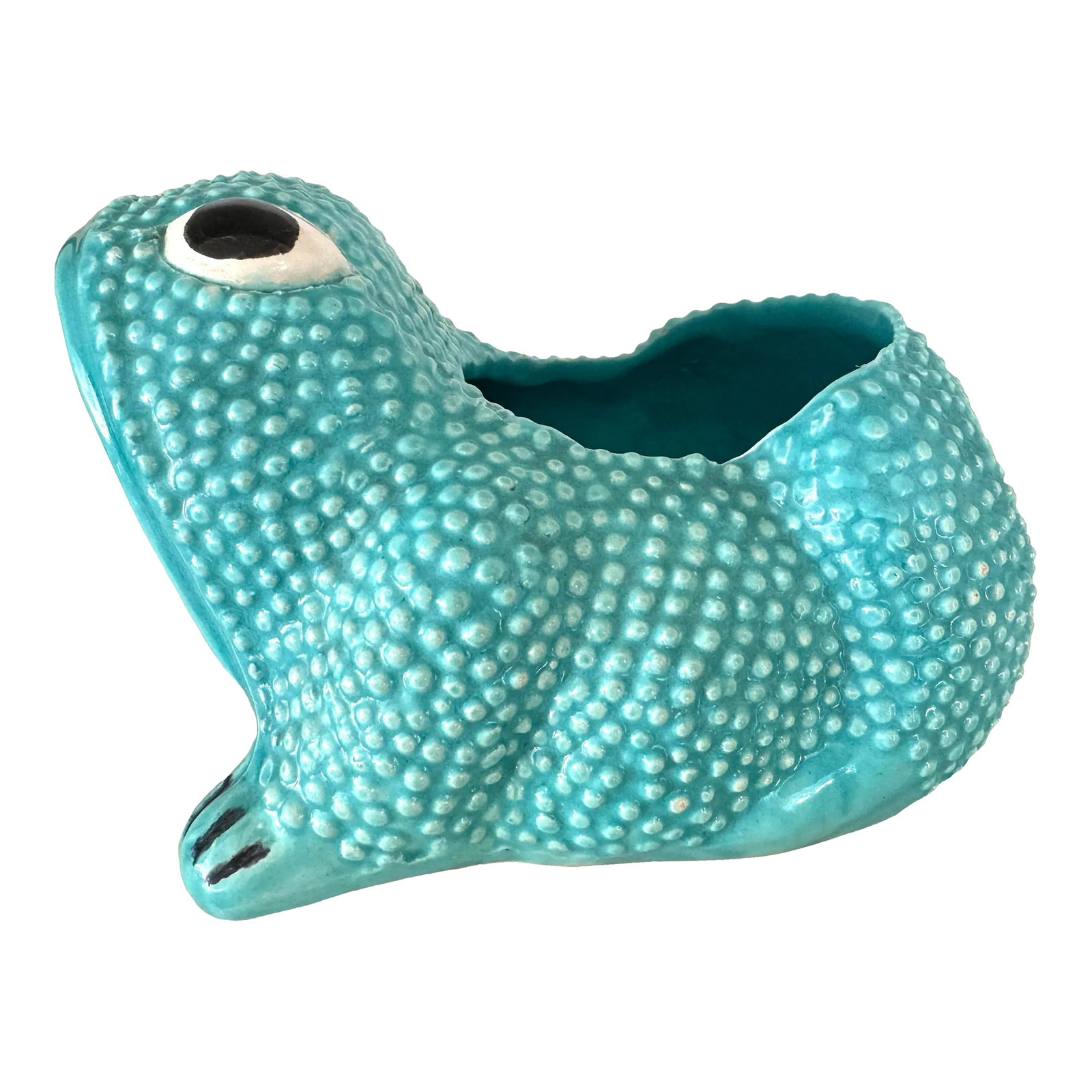 Vintage Jean Rogers Hobnail Frog Planter for Stix Baer Fuller: Vintage Jean Rogers signed turquoise hobnail frog cachepot. Made for the now closed department store, Stix Baer Fuller in St Louis, MO. In excellent vintage condition. Signed on bottom. Pretty