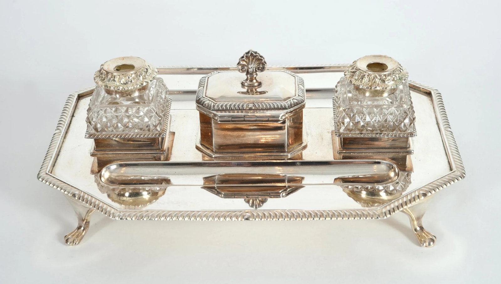 Vintage English Silver Plated / Copper Footed Inkwells - 3 Piece Set - 10