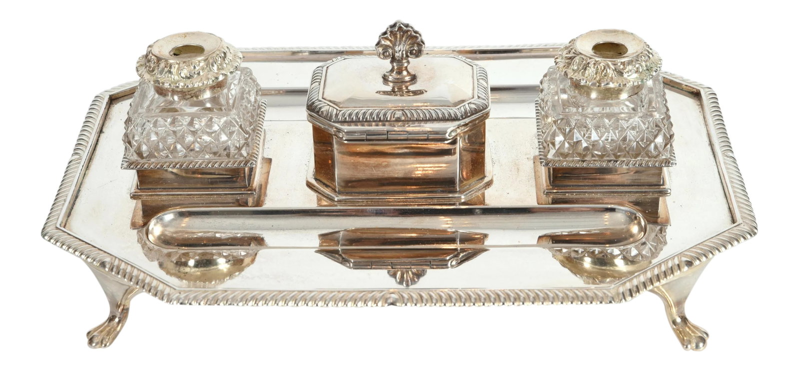 Vintage English Silver Plated / Copper Footed Inkwells - 3 Piece Set: Vintage English silver plated / copper Georges III style footed inkwells with stand . All together three Pieces The stand measure about 11 inches long x 8 inches wide x 4 inches tall. Condition: