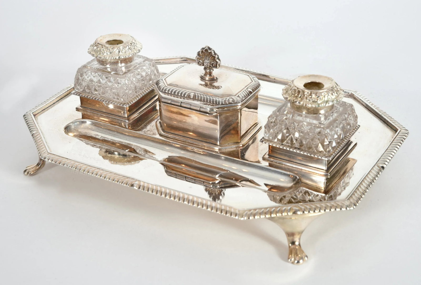 Vintage English Silver Plated / Copper Footed Inkwells - 3 Piece Set - 2