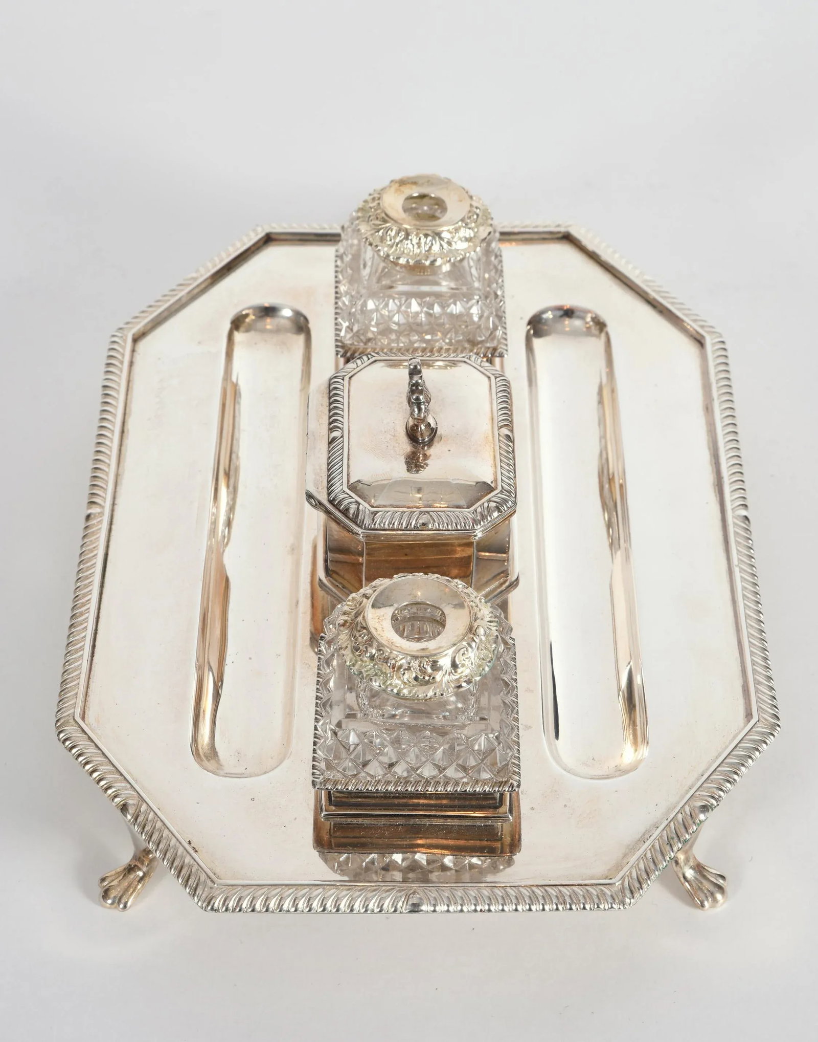 Vintage English Silver Plated / Copper Footed Inkwells - 3 Piece Set - 3