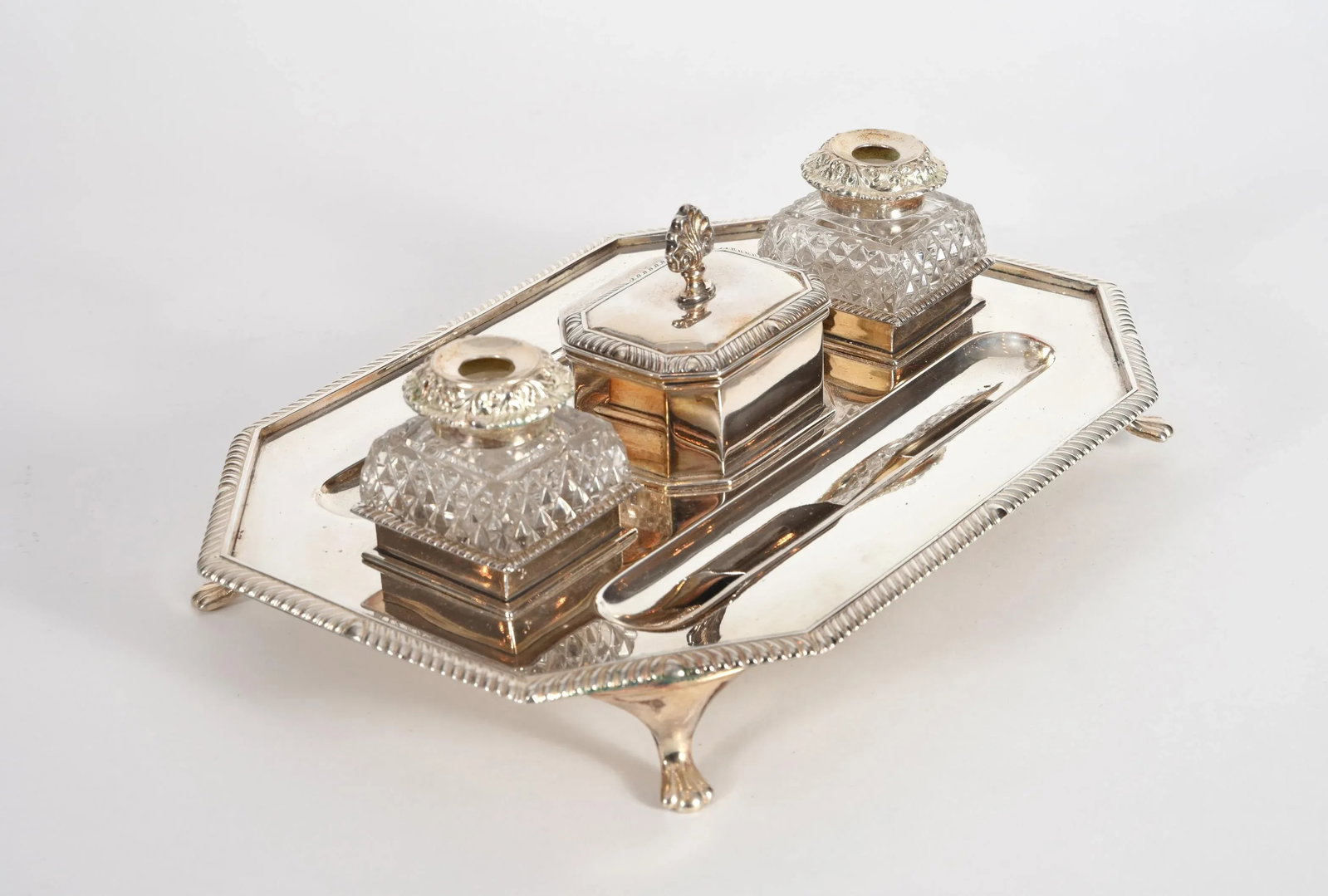 Vintage English Silver Plated / Copper Footed Inkwells - 3 Piece Set - 4