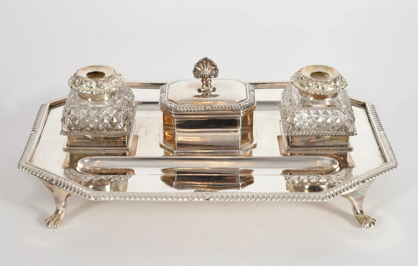 Vintage English Silver Plated / Copper Footed Inkwells - 3 Piece Set - 5