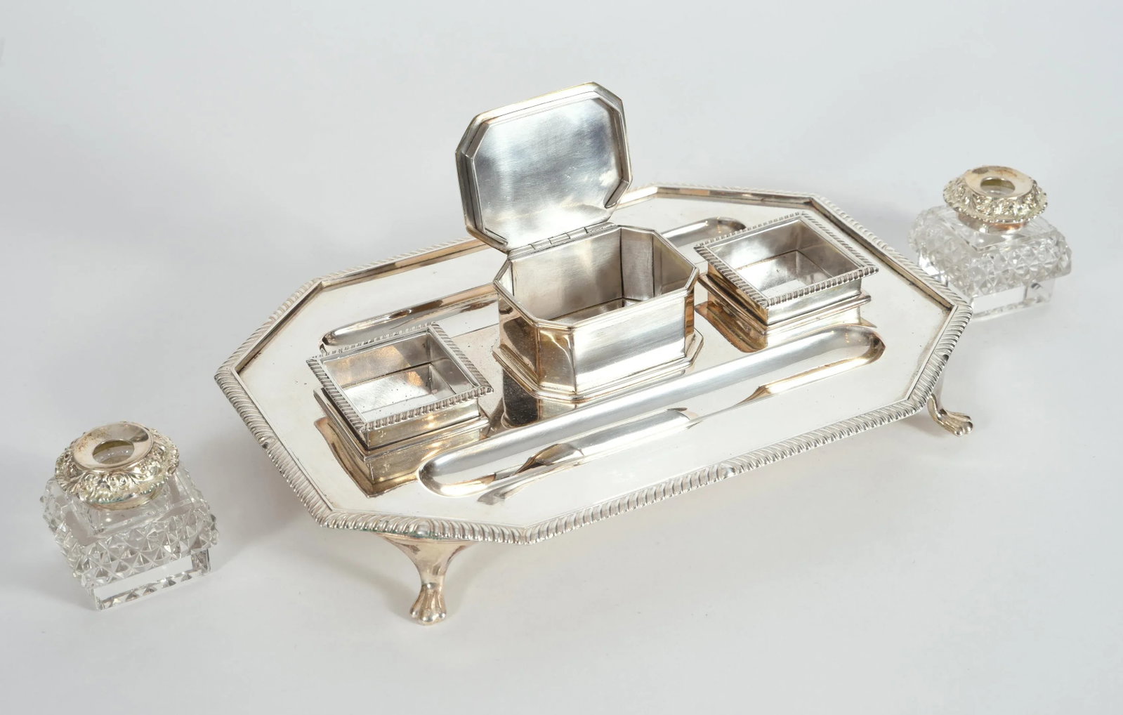 Vintage English Silver Plated / Copper Footed Inkwells - 3 Piece Set - 6
