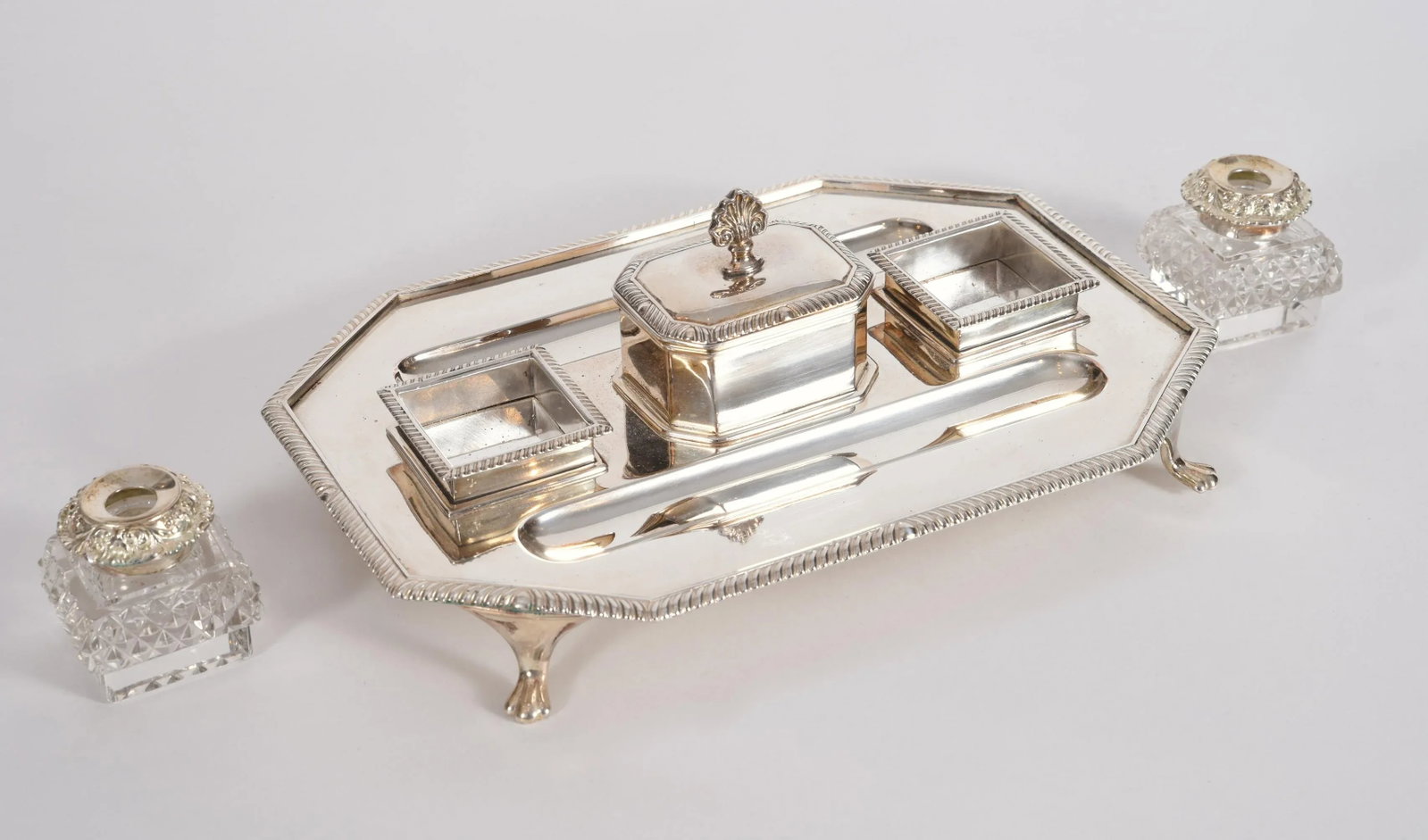 Vintage English Silver Plated / Copper Footed Inkwells - 3 Piece Set - 7
