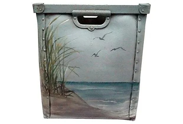 1950's Decorated Mailroom Bin: Unique 1950's mailroom "sorting" bin that has been hand painted with wonderful scenes of the beach, blue crab and starfish. Condition: Alterations: Original Design Modified Imperfections: Some