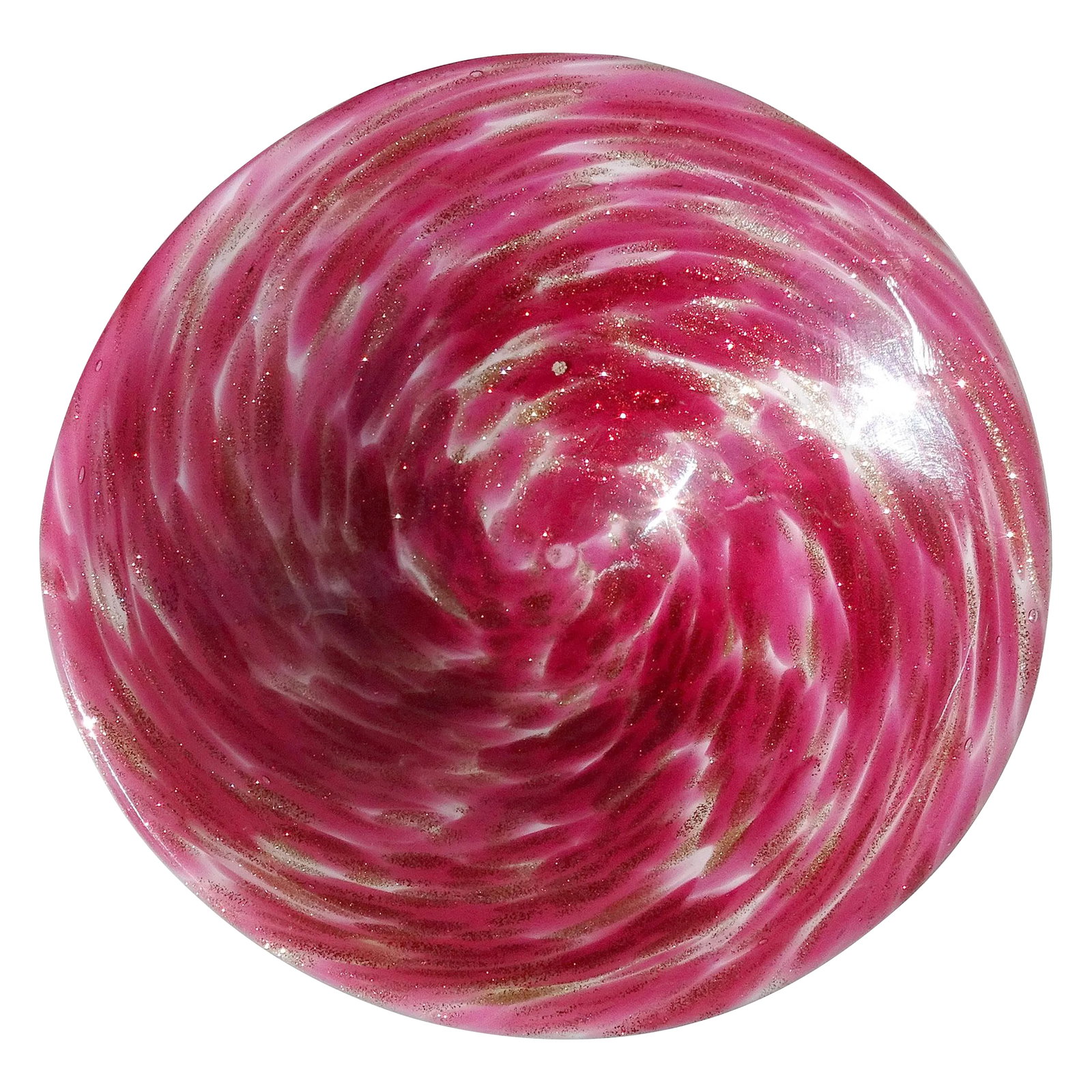 Vintage Murano Dark Pink Rim Copper Aventurine Swirls Italian Art Glass Decorative Dish Bowl: Beautiful vintage Murano hand blown white, with dark pink and copper Italian art glass decorative dish bowl. The color is made with rich dark pink spots, with glittery copper aventurine flecks swirlin