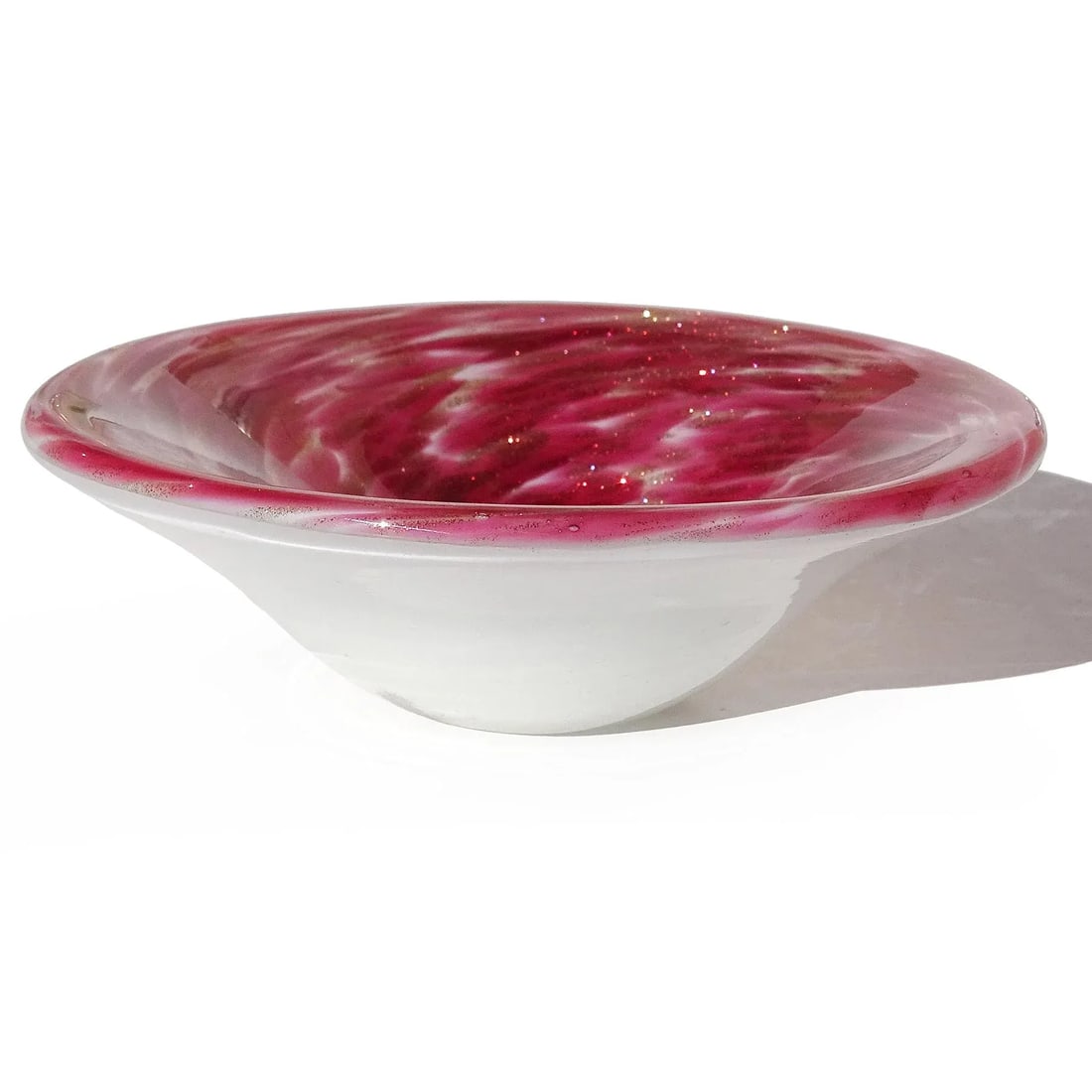 Vintage Murano Dark Pink Rim Copper Aventurine Swirls Italian Art Glass Decorative Dish Bowl - 3