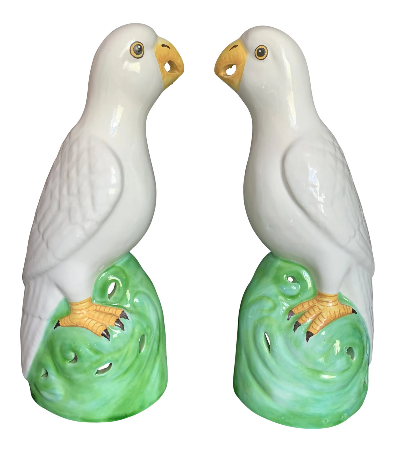Vintage Italian Bassano Majolica Pottery Parrot Statues - a Pair: Offered is a pair of vintage majolica white parrot figurines. Made in Italy, circa 1960s. Signed on the bottom. Condition: Alterations: Original Condition Unaltered Imperfections: Some Imperfections