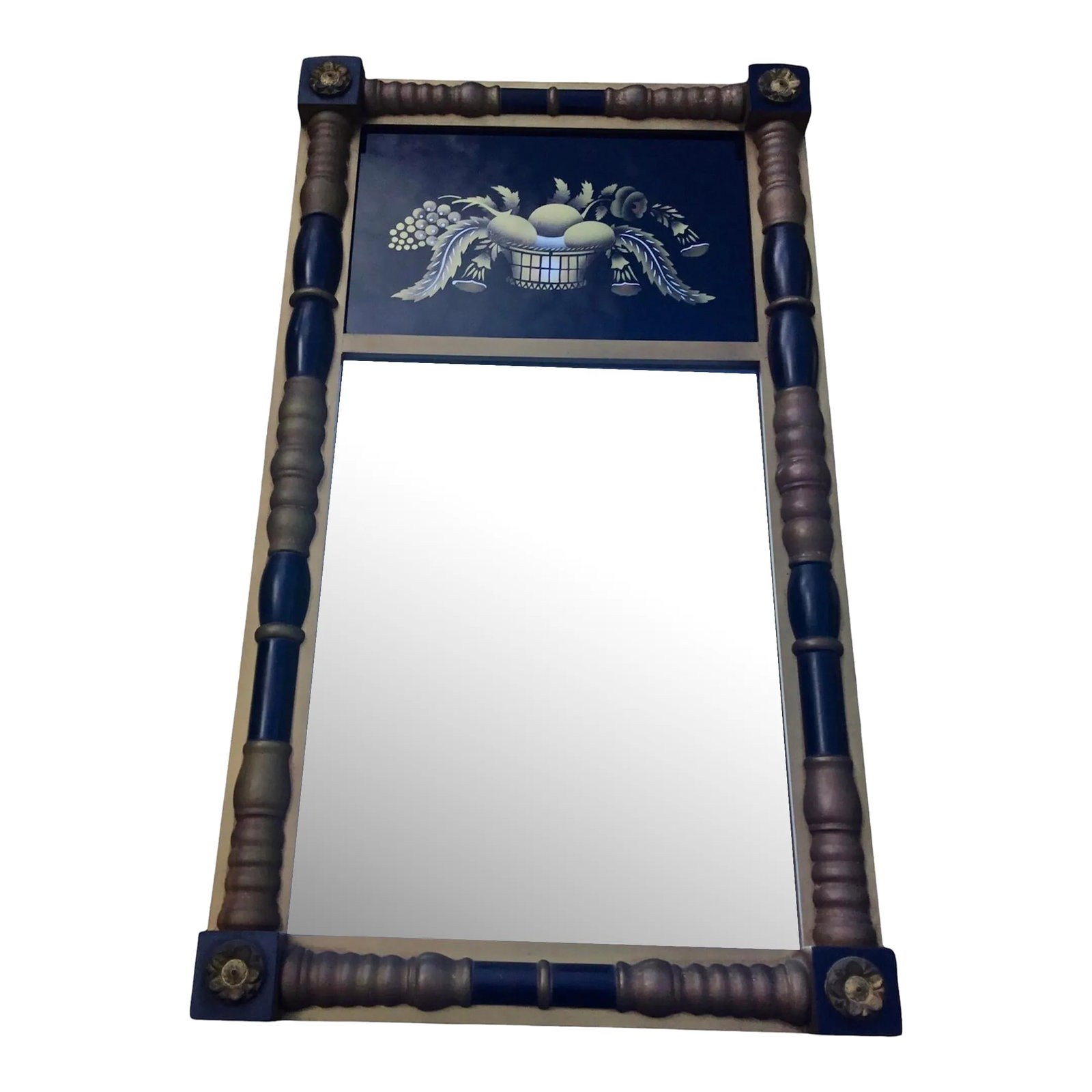 Vintage Hitchcock Reverse-Painted Eglomise Black and Gold Trumeau Mirror: Original Lambert Hitchcock designed mirror features a black and gold dimensional wooden frame with corner rosettes. The top portion has an iconic reverse painted still life basket on black background.