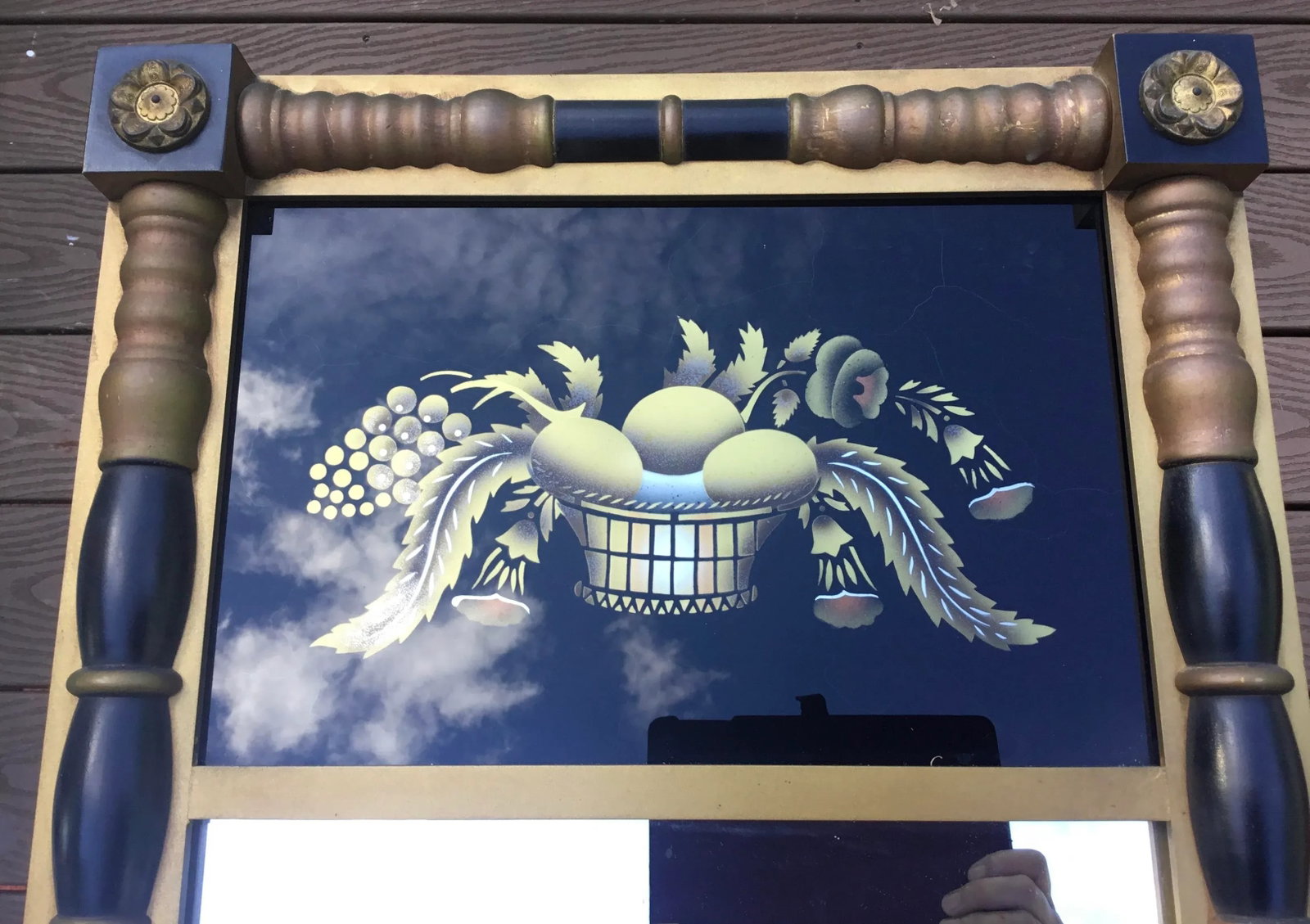 Vintage Hitchcock Reverse-Painted Eglomise Black and Gold Trumeau Mirror - 3