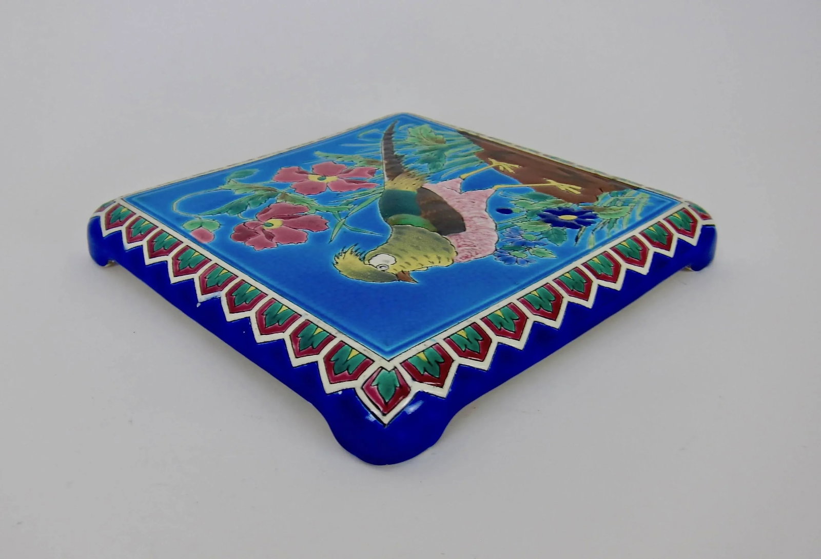 Antique French Emaux De Longwy Stand or Trivet With Cloisonne Style Bird Decor - 10