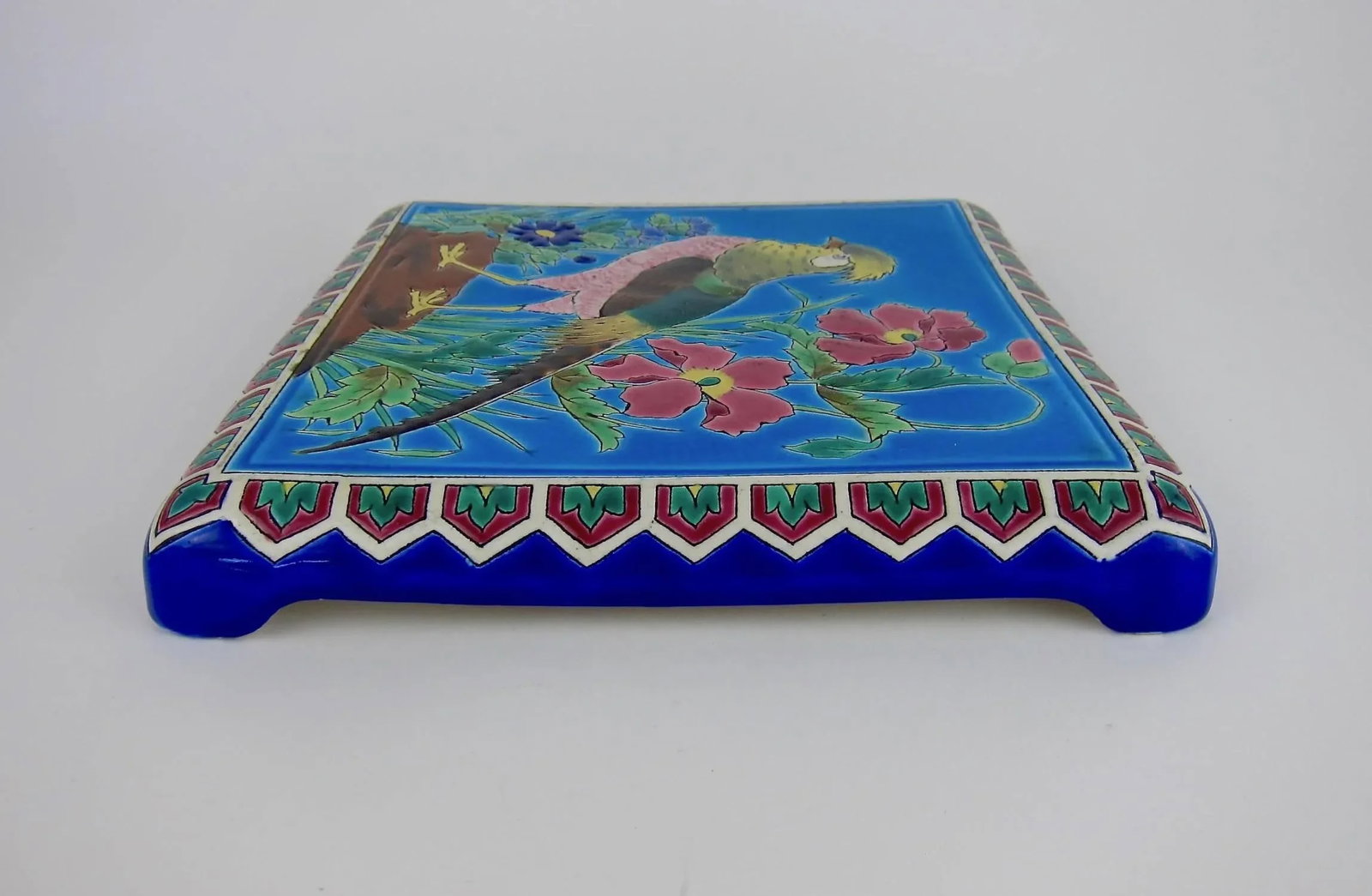 Antique French Emaux De Longwy Stand or Trivet With Cloisonne Style Bird Decor - 11