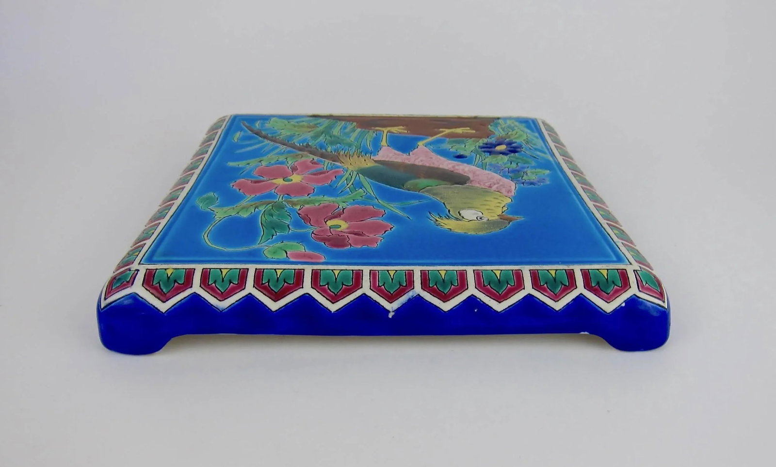 Antique French Emaux De Longwy Stand or Trivet With Cloisonne Style Bird Decor - 12