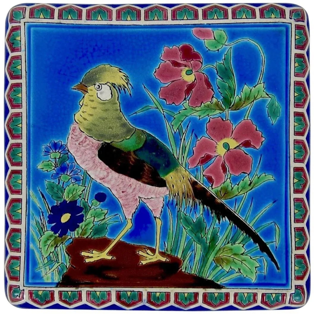 Antique French Emaux De Longwy Stand or Trivet With Cloisonne Style Bird Decor - 13
