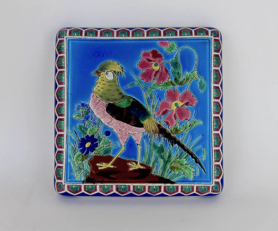Antique French Emaux De Longwy Stand or Trivet With Cloisonne Style Bird Decor - 5