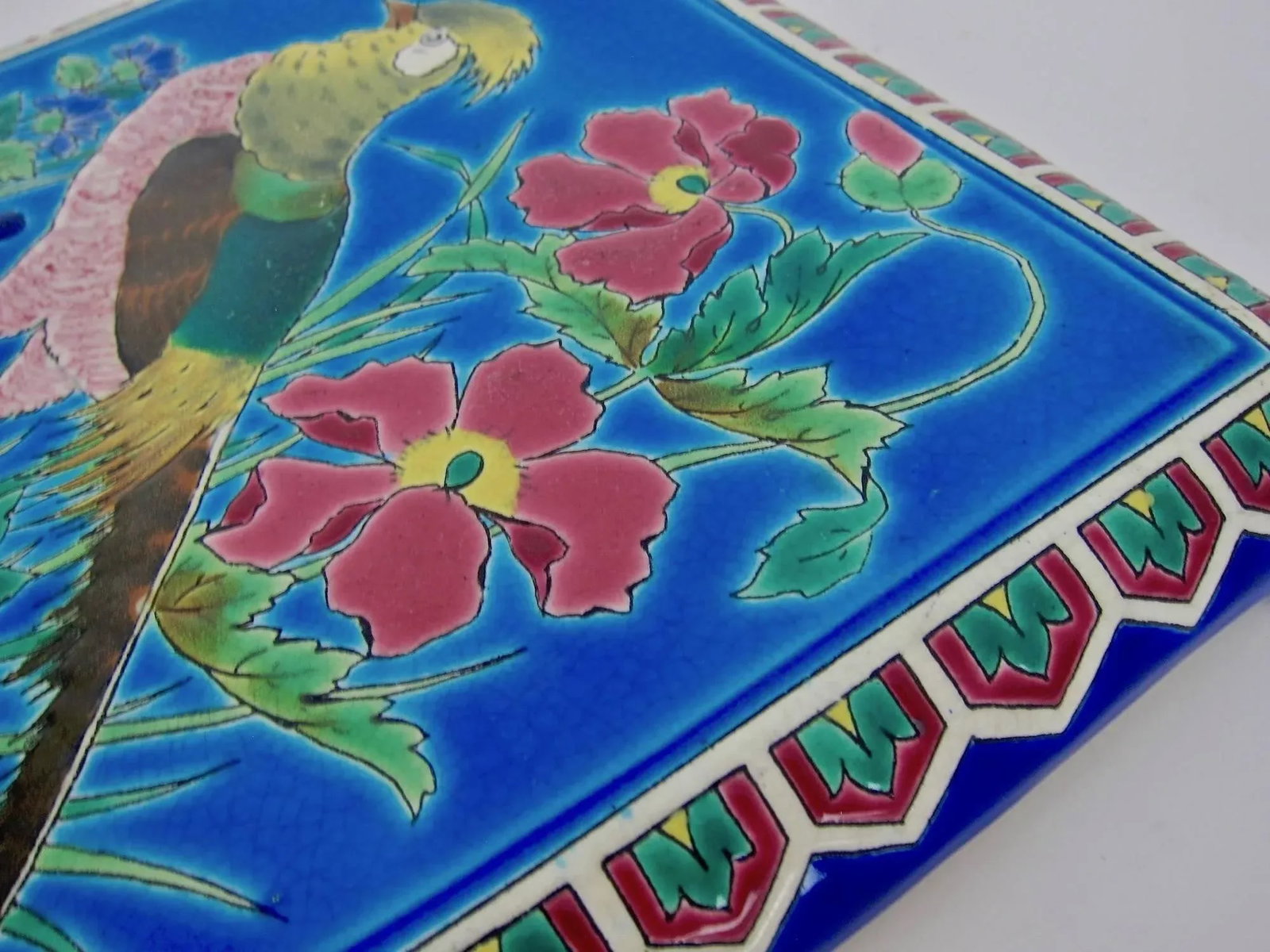 Antique French Emaux De Longwy Stand or Trivet With Cloisonne Style Bird Decor - 7