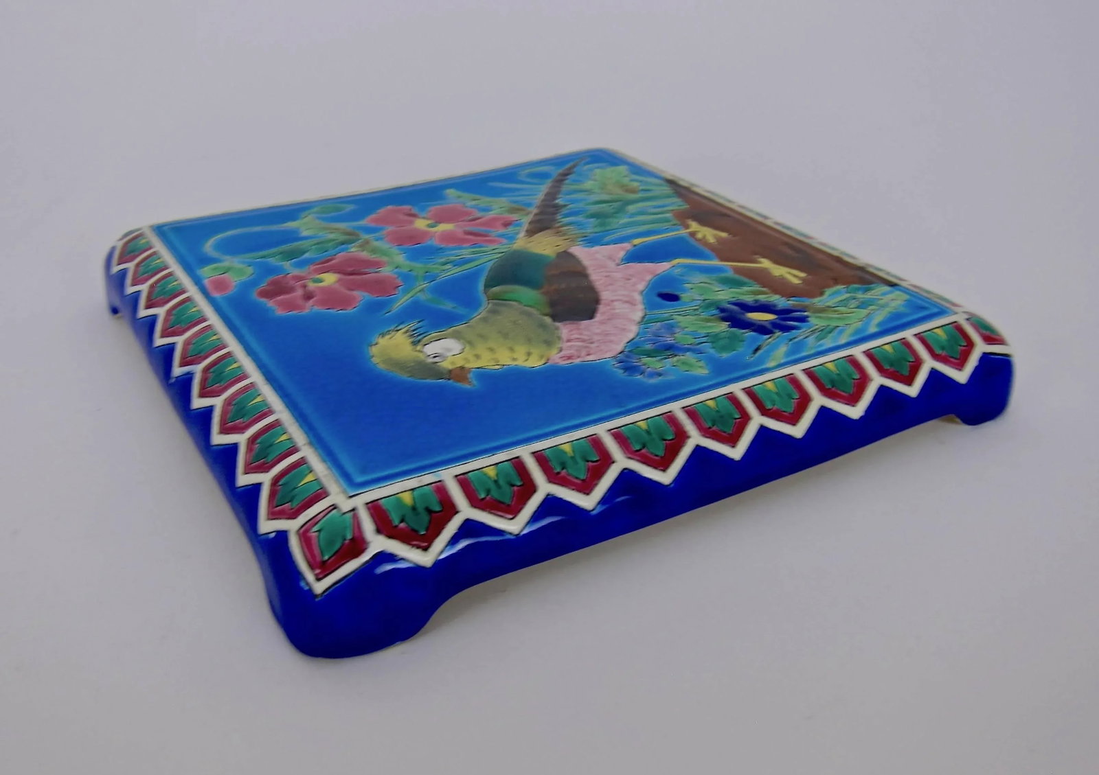 Antique French Emaux De Longwy Stand or Trivet With Cloisonne Style Bird Decor - 9