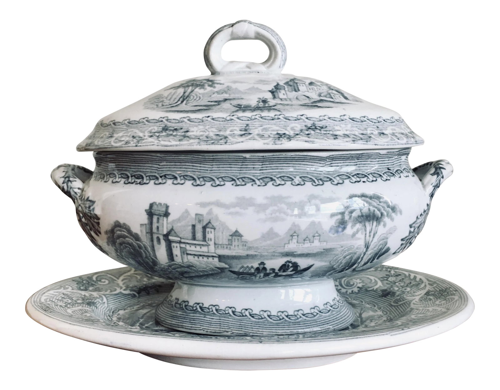 "Rhine" Pattern Ironstone China Tureen C. 1840: Antique English ironstone transferware sugar bowl by John Meir and Sons features black transferware Rhine pattern, includes under plate, marked on base as photographed, 19th century. An accompanying