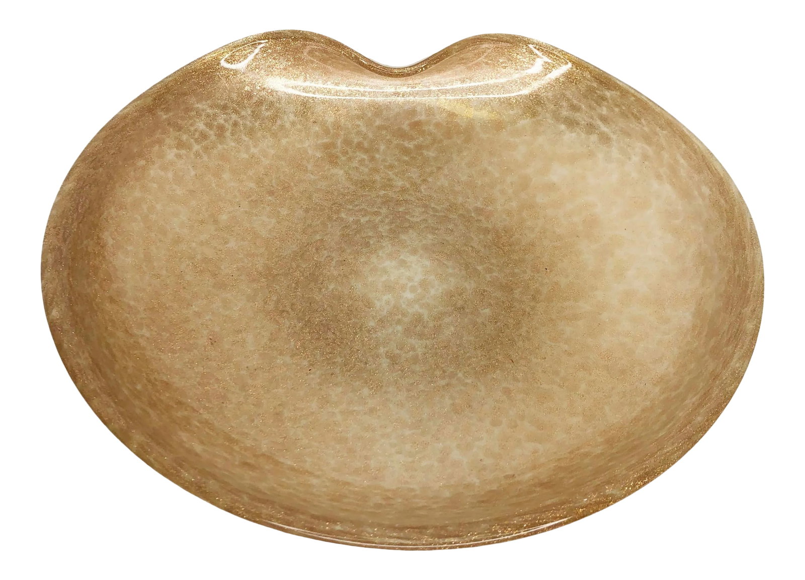 Murano Organic Freeform Gold Flecked Bowl: Stunning large round Italian Murano gold flecked bowl with large thumbprint curvature on one side. Opaque white base with gold copper flecks. Condition: Alterations: Original Condition Unaltered Imper
