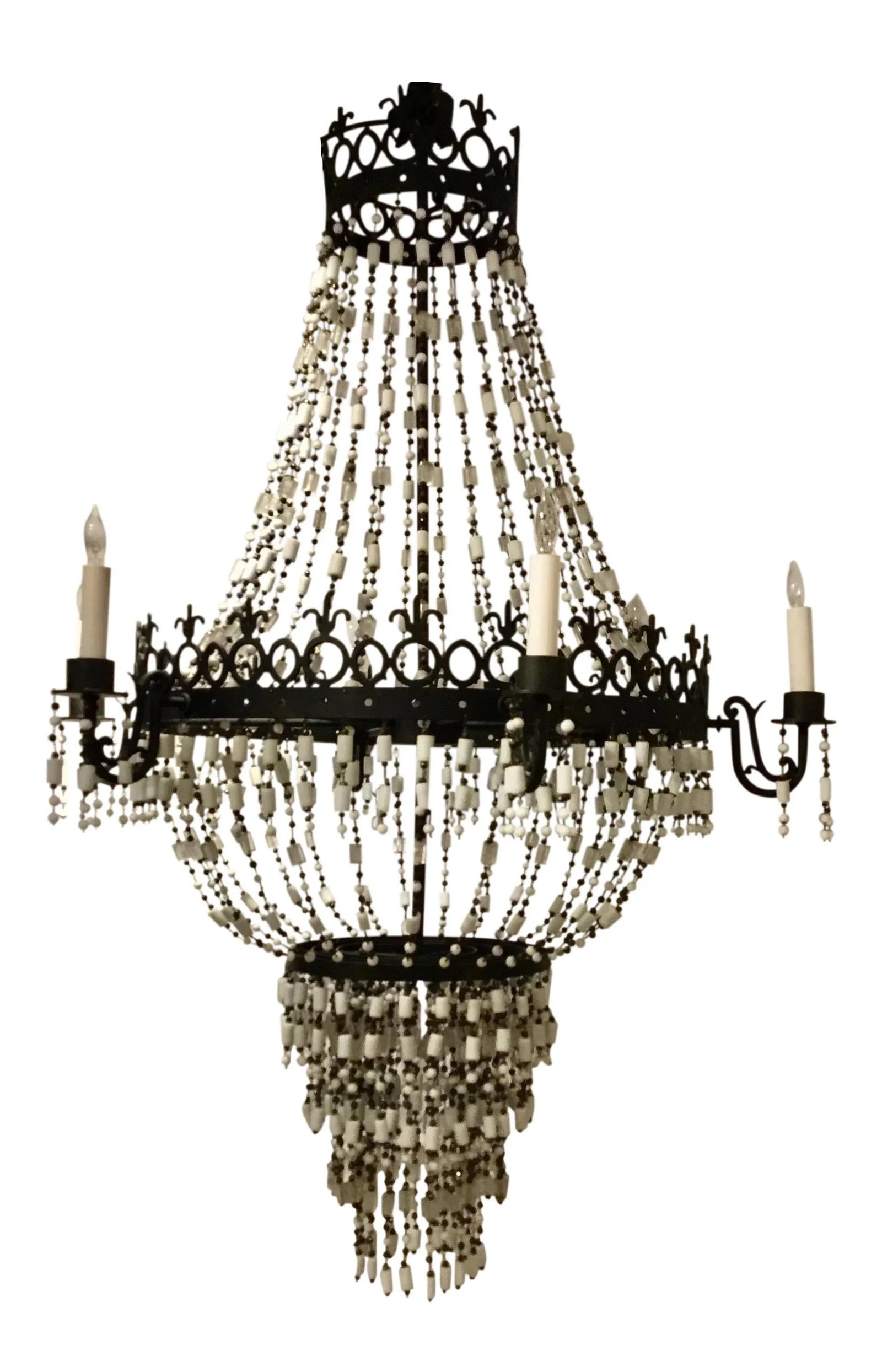Arteriors Transitional Black and White Glass Bead Barcelona Chandelier: Stylish Arteriors Transitional Black and White Glass Bead Barcelona Chandelier, elegant metal frame, showroom floor sample, original retail $3900 Condition: Imperfections: Some Imperfections Condition