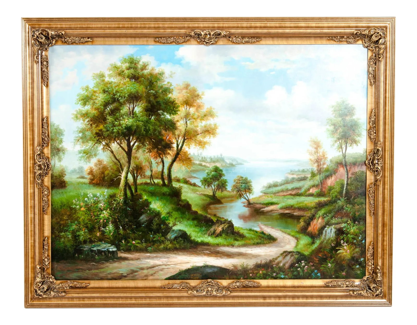 Impressionist Oil / Canvas Painting in Gilt Wood Frame: Gilt wood frame mid 20th century oil on canvas painting. Artist signature lower hand corner. The painting is in great condition. Minor wear consistent with age / use. The frame is about 46 inches long