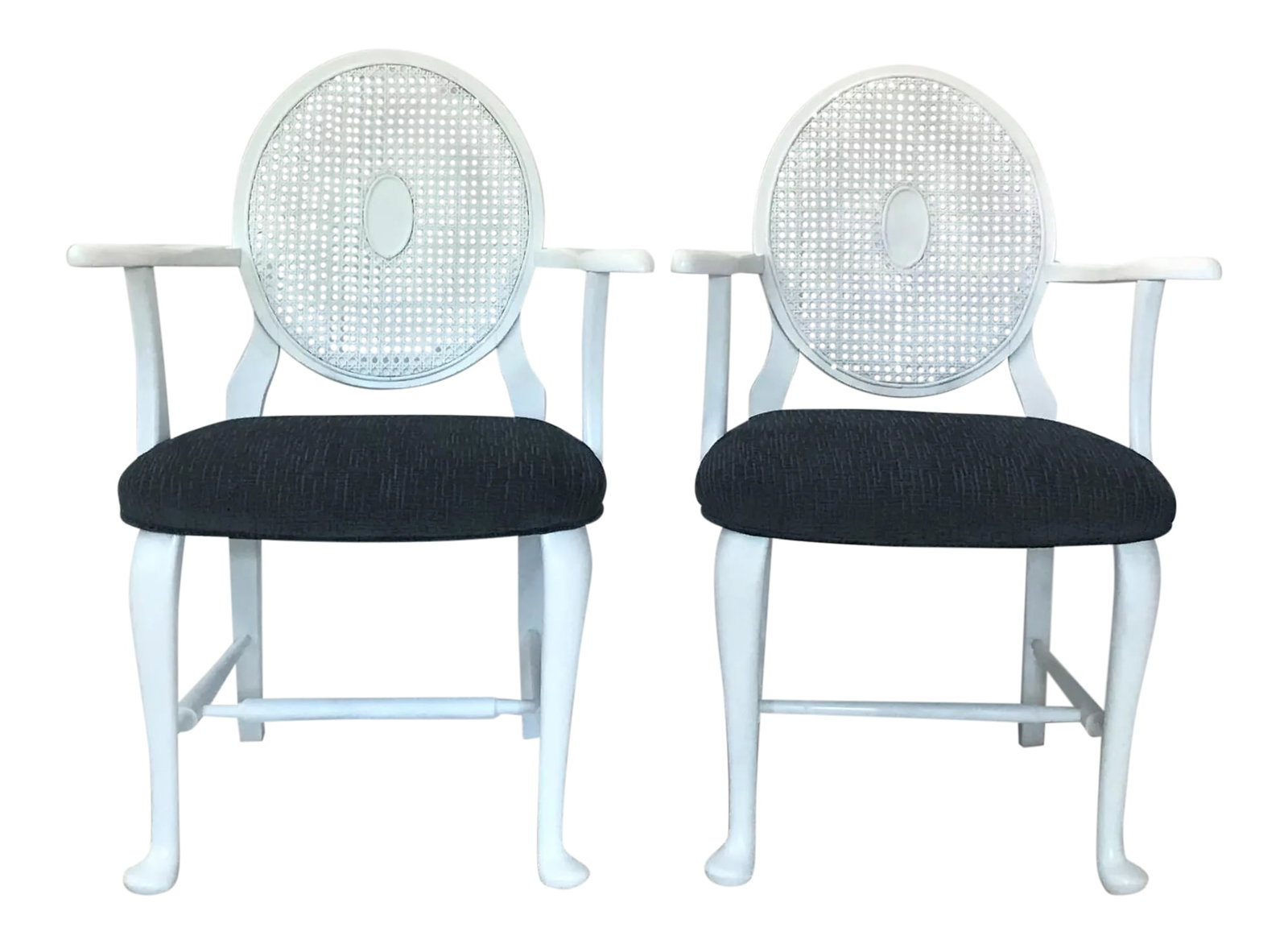 Mid-Century Caned Balloon Back Arm Chairs- a Pair: This charming pair of arm chairs came from an estate in Southern Virginia. The mid-century interpretation of classic fauteuils is clean, simple, and elegant. The caned backs are in excellent