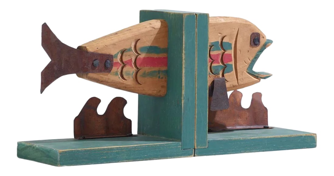 Vintage Rustic and Wood and Metal Fish Bookends - a Pair: Vintage rustic and whimsical wood and metal fish bookends circa 1970s Each measures 8.5" wide 7.5" high and 4" deep In very good vintage condition Condition: Alterations: Original Condition Unaltered