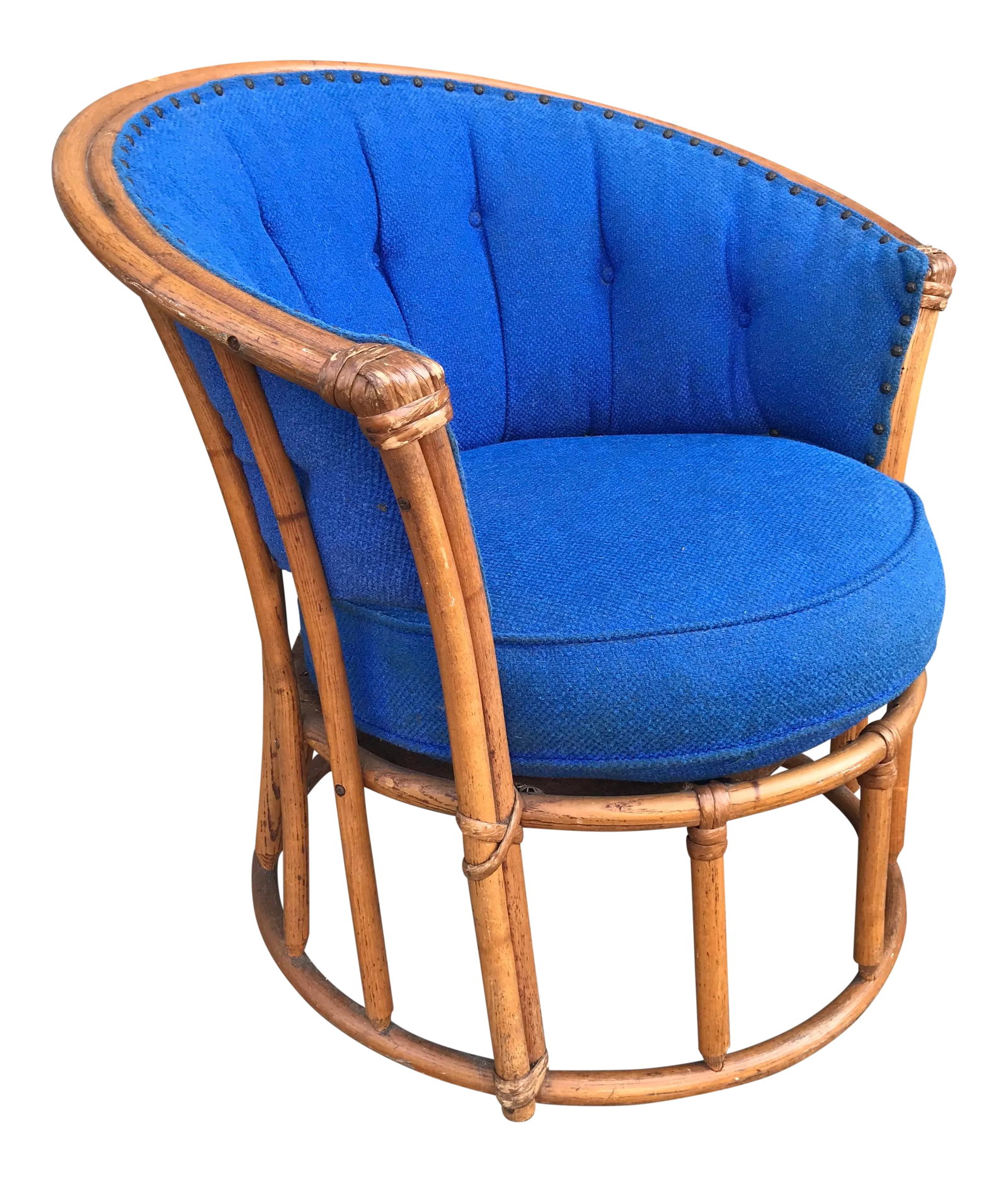 1940s Vintage Heywood Wakefield AshCraft Barrel Chair: Barrel shaped lounge chair by Heywood Wakefield for the Ashcraft line circa 1940's. Bent ash wood construction to mimic bamboo. Retains original fabric and dark hammered nailhead trim. Very good