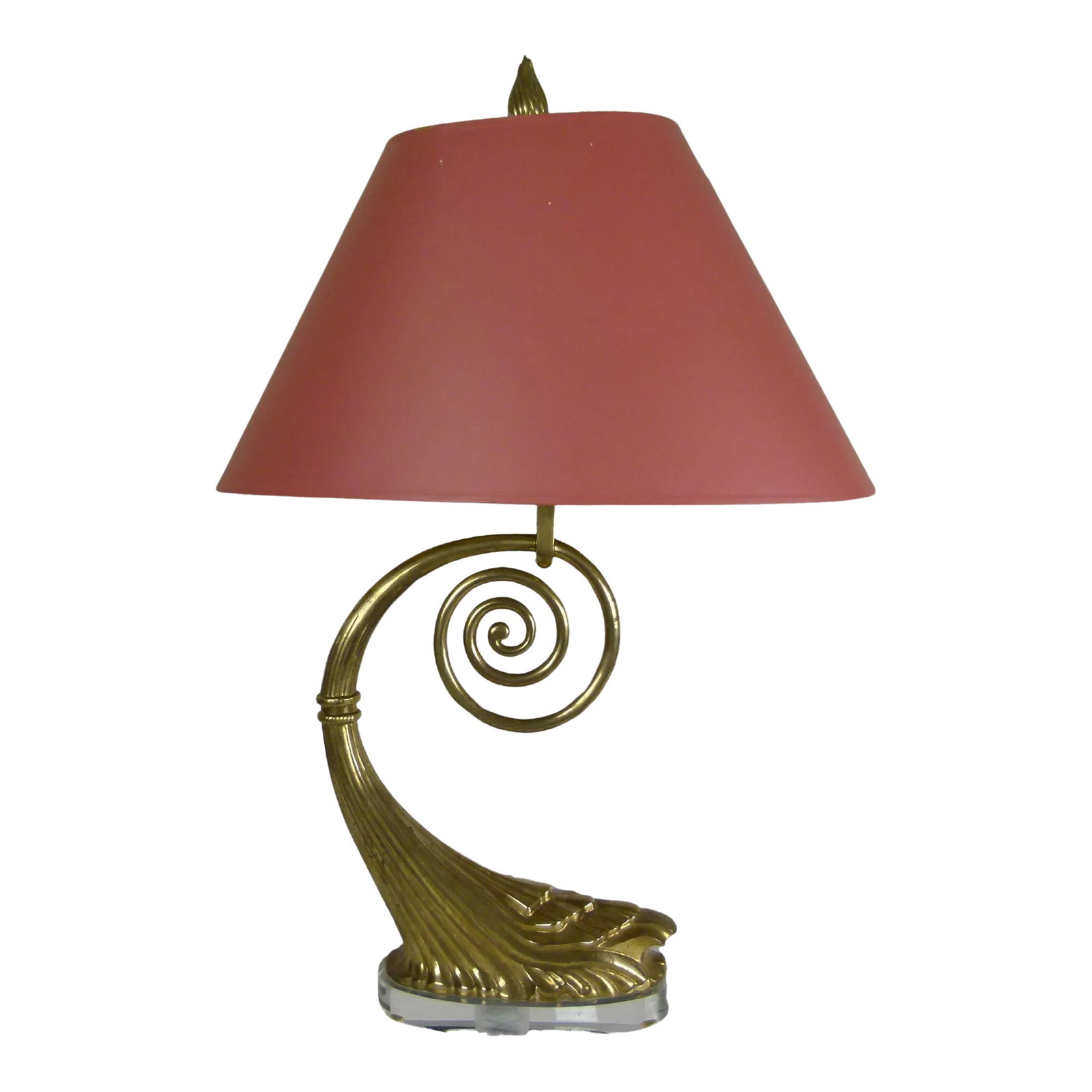 1980s Chapman Art Nouveau Brass Table Lamp on Lucite Base, 1987: Art Nouveau inspired Brass table lamp that sits on a 1" thick oval of Lucite. The lamp's Brass organic wave like form gives the appearance of natural motion, which was a popular Art Nouveau theme. The