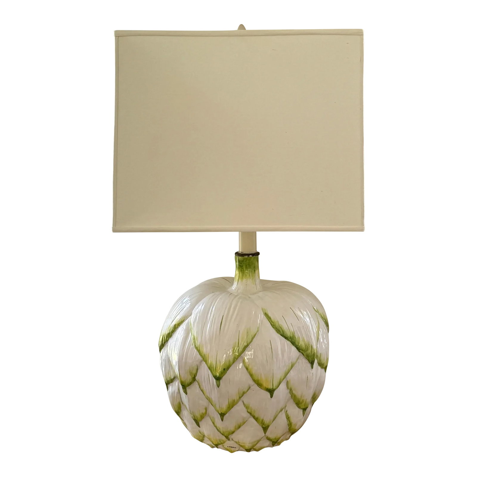 Vintage Monumental Italian Artichoke Lamp: Vintage ceramic table lamp in the shape of a large artichoke. White with green detailing. Made in Italy by Fredrick Cooper. New White linen lampshade measures 17"x14" tall. Height from bottom to top o