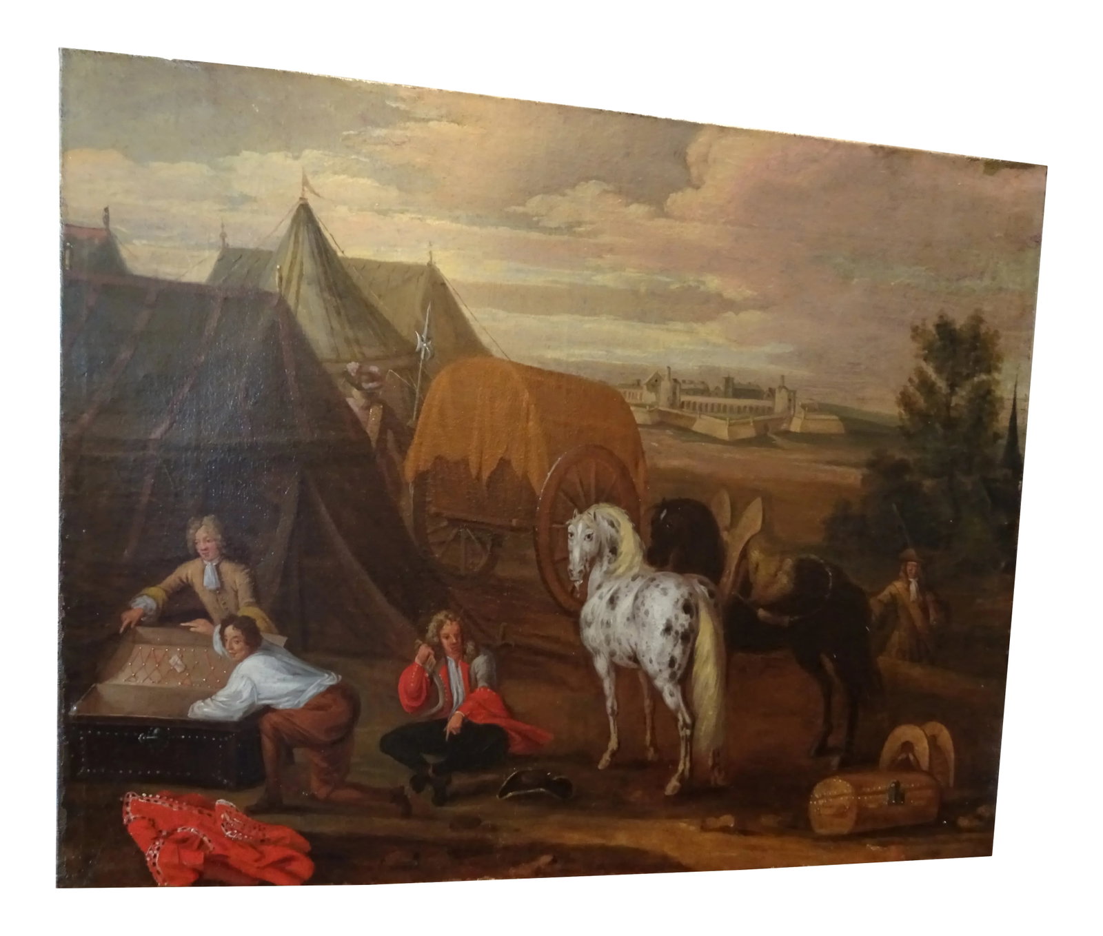 19th Century French Painting: French oil on canvas from the mid 19th century depicting a camp scene with 4 gentlemen and their horses opening their trunks and changing clothes. The colors are stunning. The sky is in pastel tones .