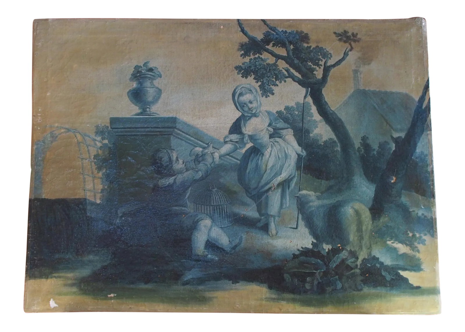 18th Century French Grisaille Painting: This unframed painting on canvas depicts a young shepherdess with a child and one sheep in the countryside. This method of painting called grisaille is in blue monochrome. Condition: Alterations: