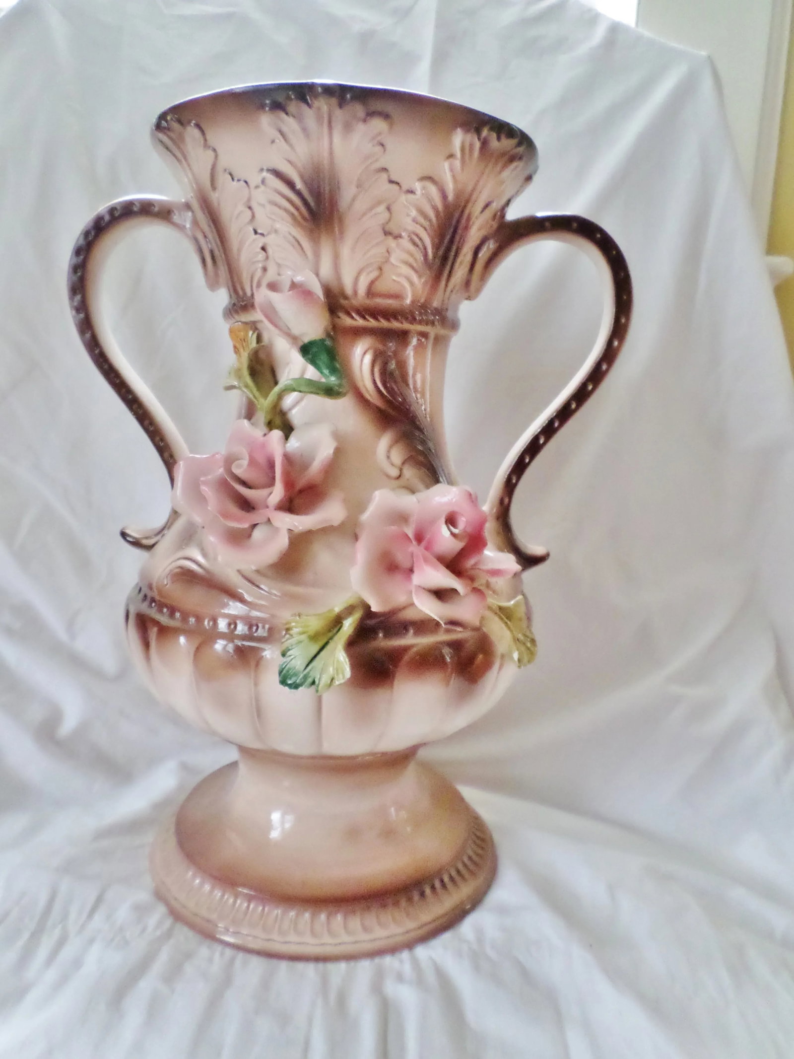 Vintage Italian Amphora Capodimonte Double Handled Vase Urn With Roses - 12