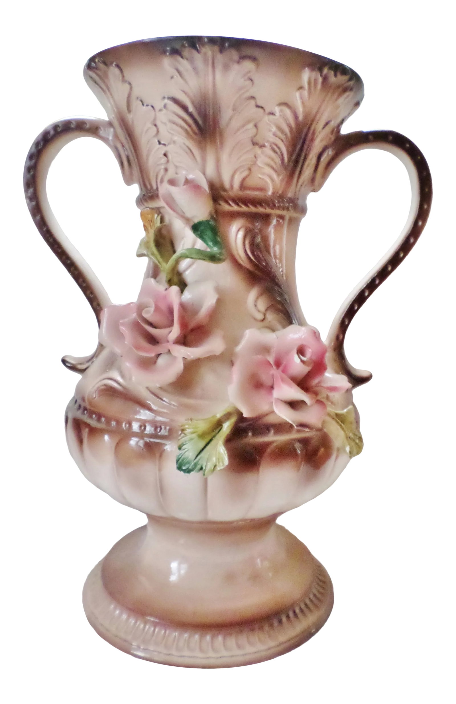Vintage Italian Amphora Capodimonte Double Handled Vase Urn With Roses: This is a Large Vintage Italian Amphora Capodimonte Double Handled Vase / Urn with Roses that is 14" Tall that is hand made and is in Wonderful Vintage Condition with a few Very Small Chips that is