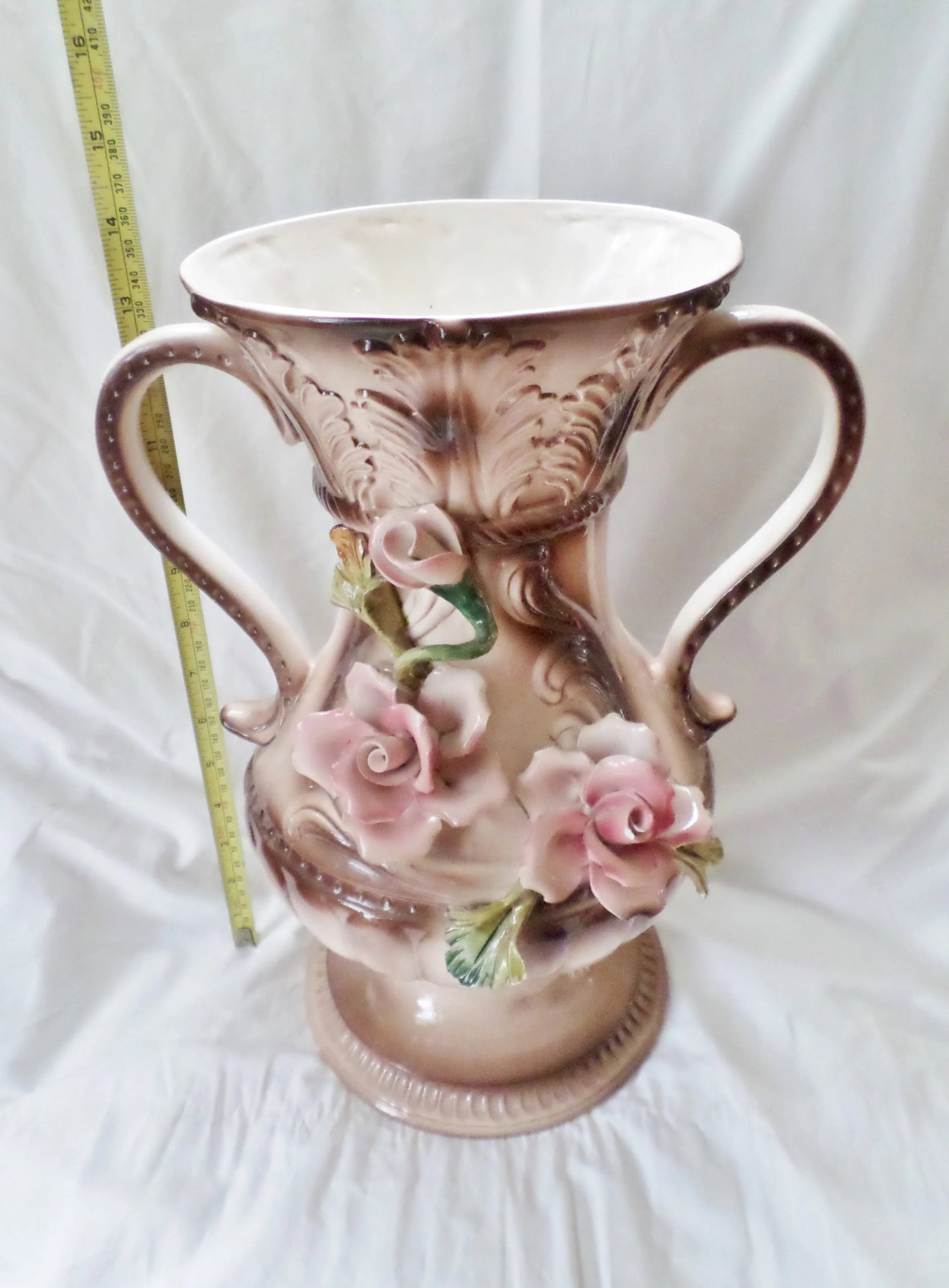 Vintage Italian Amphora Capodimonte Double Handled Vase Urn With Roses - 2