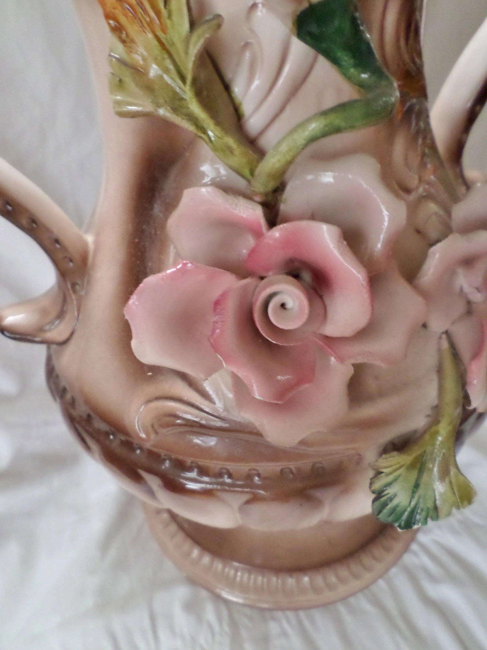 Vintage Italian Amphora Capodimonte Double Handled Vase Urn With Roses - 8