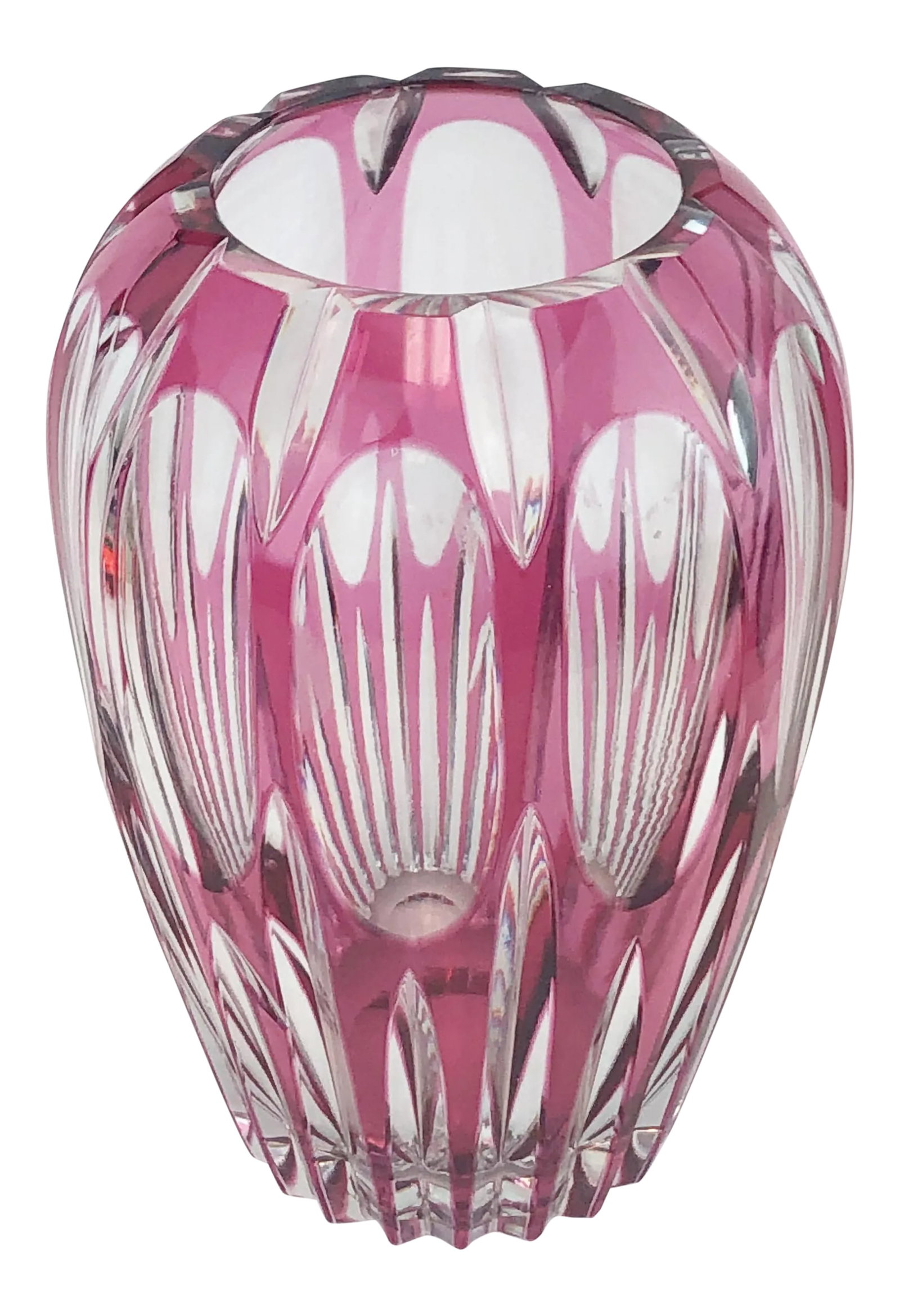 1970s Vintage Val St. Lambert Style Cranberry Cut to Clear Vase: Statement heavy vintage cranberry cut to clear vase in the style of Val St. Lambert. Perfect for your flower arrangements. Unsigned Condition: Alterations: Original Condition Unaltered Imperfections: