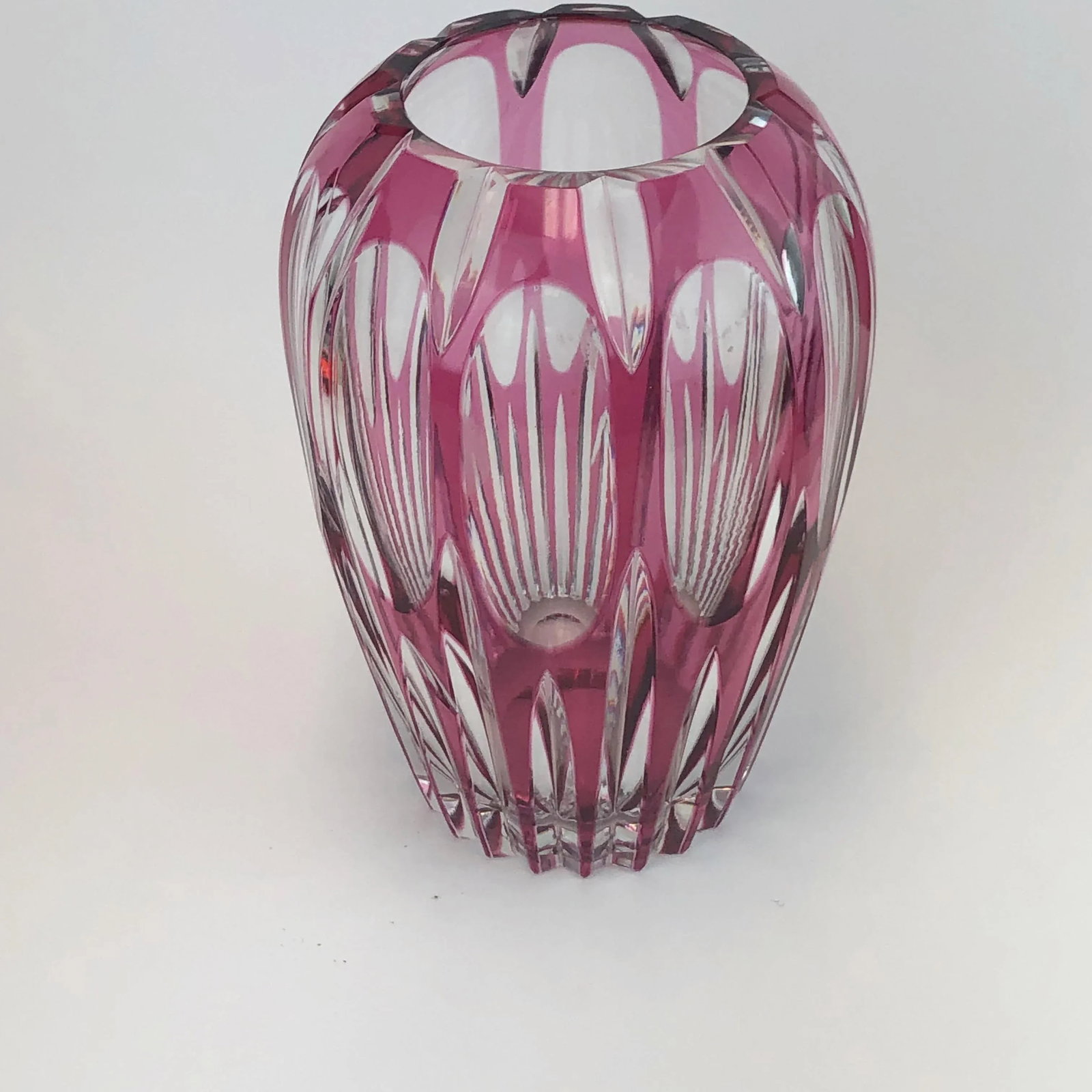 1970s Vintage Val St. Lambert Style Cranberry Cut to Clear Vase - 2
