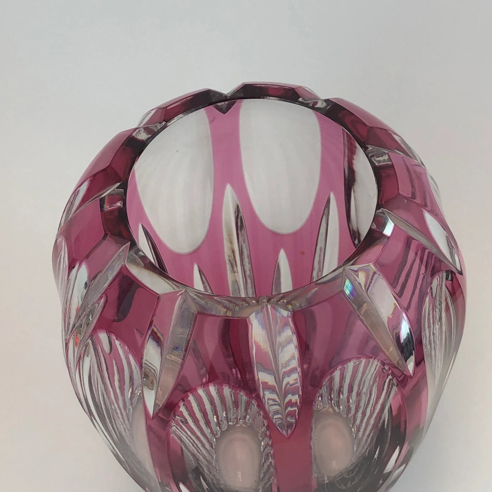 1970s Vintage Val St. Lambert Style Cranberry Cut to Clear Vase - 5