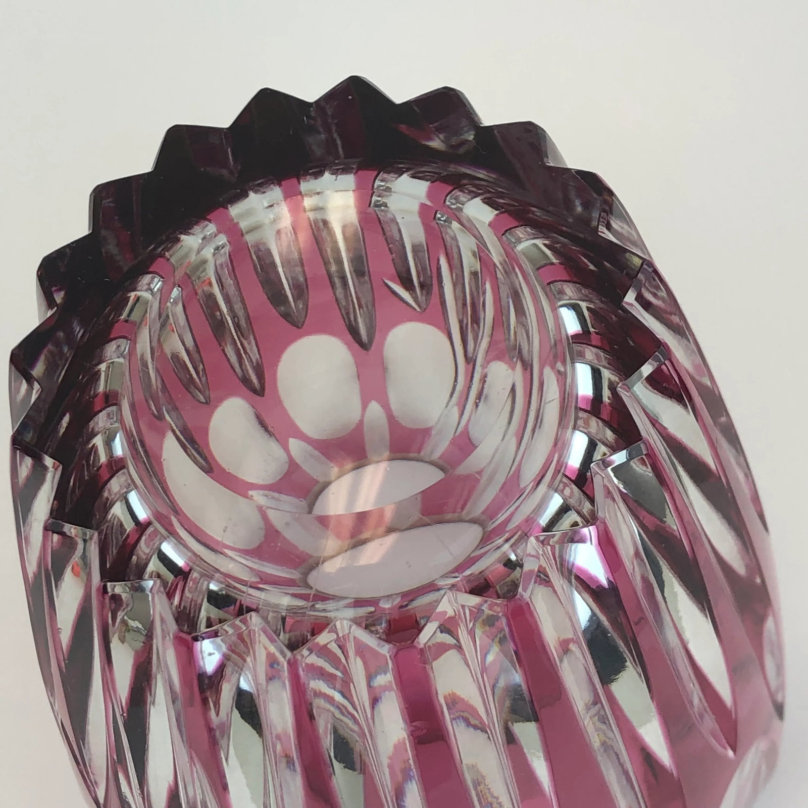 1970s Vintage Val St. Lambert Style Cranberry Cut to Clear Vase - 7