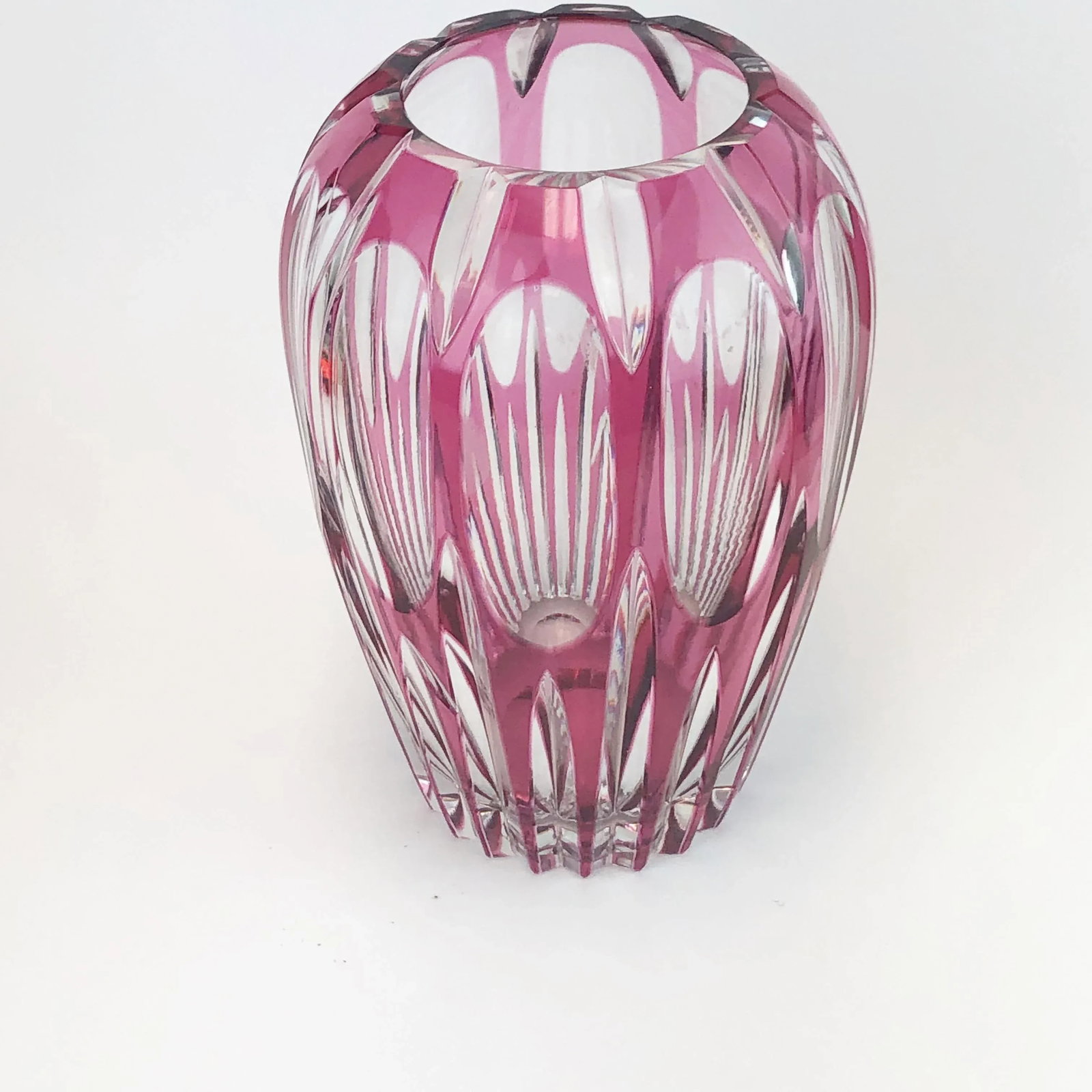 1970s Vintage Val St. Lambert Style Cranberry Cut to Clear Vase - 9