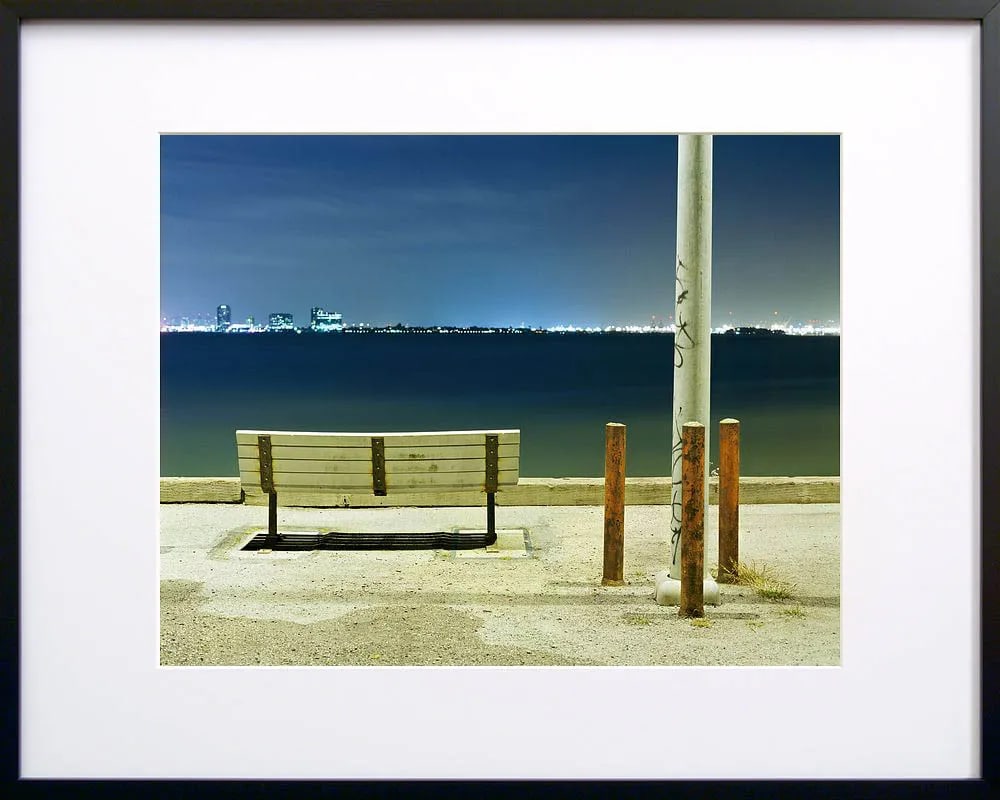 Contemporary Night Photograph "Bench and Poles" by John Vias - 2