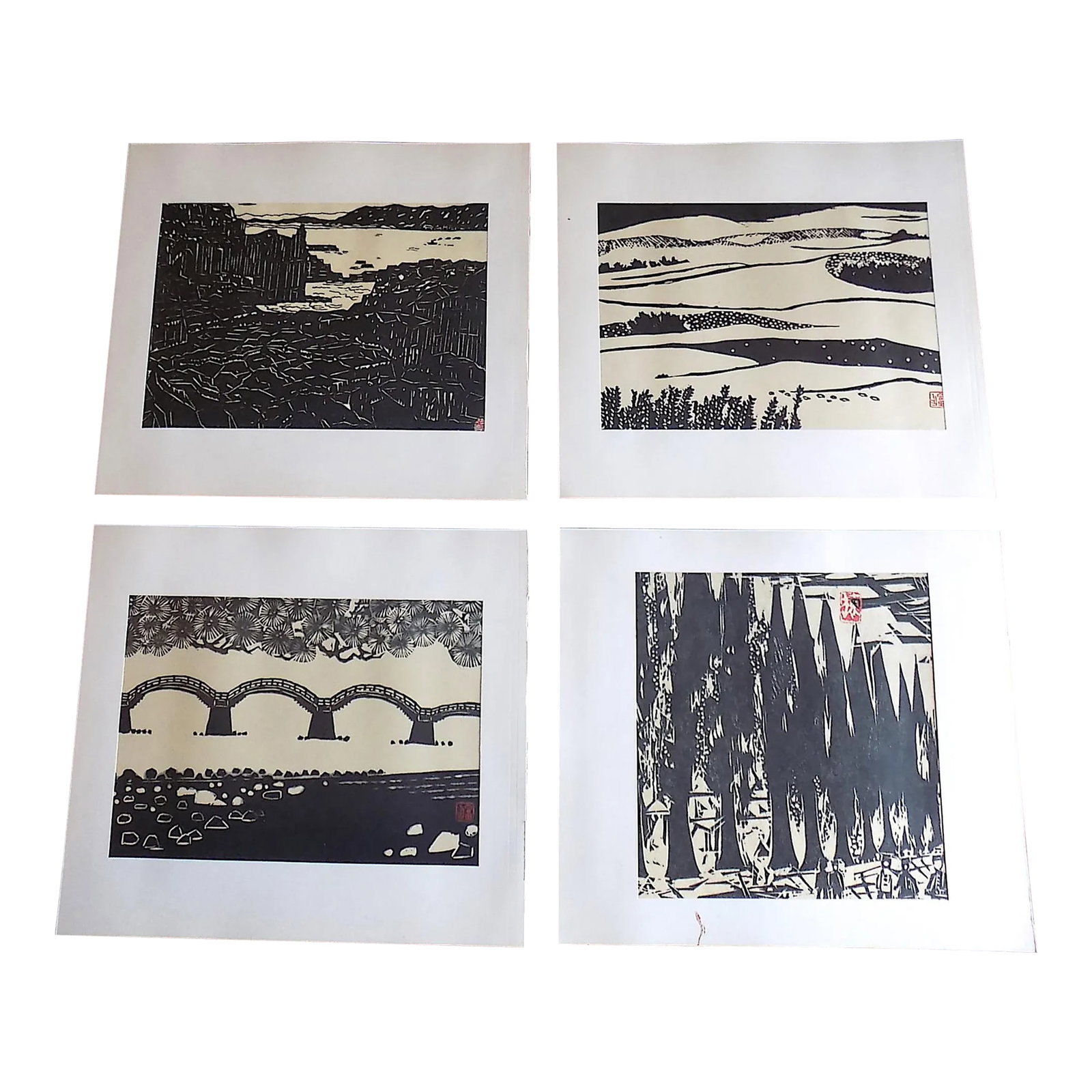 Vintage Signed Folio Size Mid 20th C. Japanese Landscape Lithographs - Set of 4: This set of 4 signed (chop marks) vintage lithographs depicts Japanese landscape views by various well listed artists. They were published in Japan by Kyoto News in 1964 (the first year the Olympics w