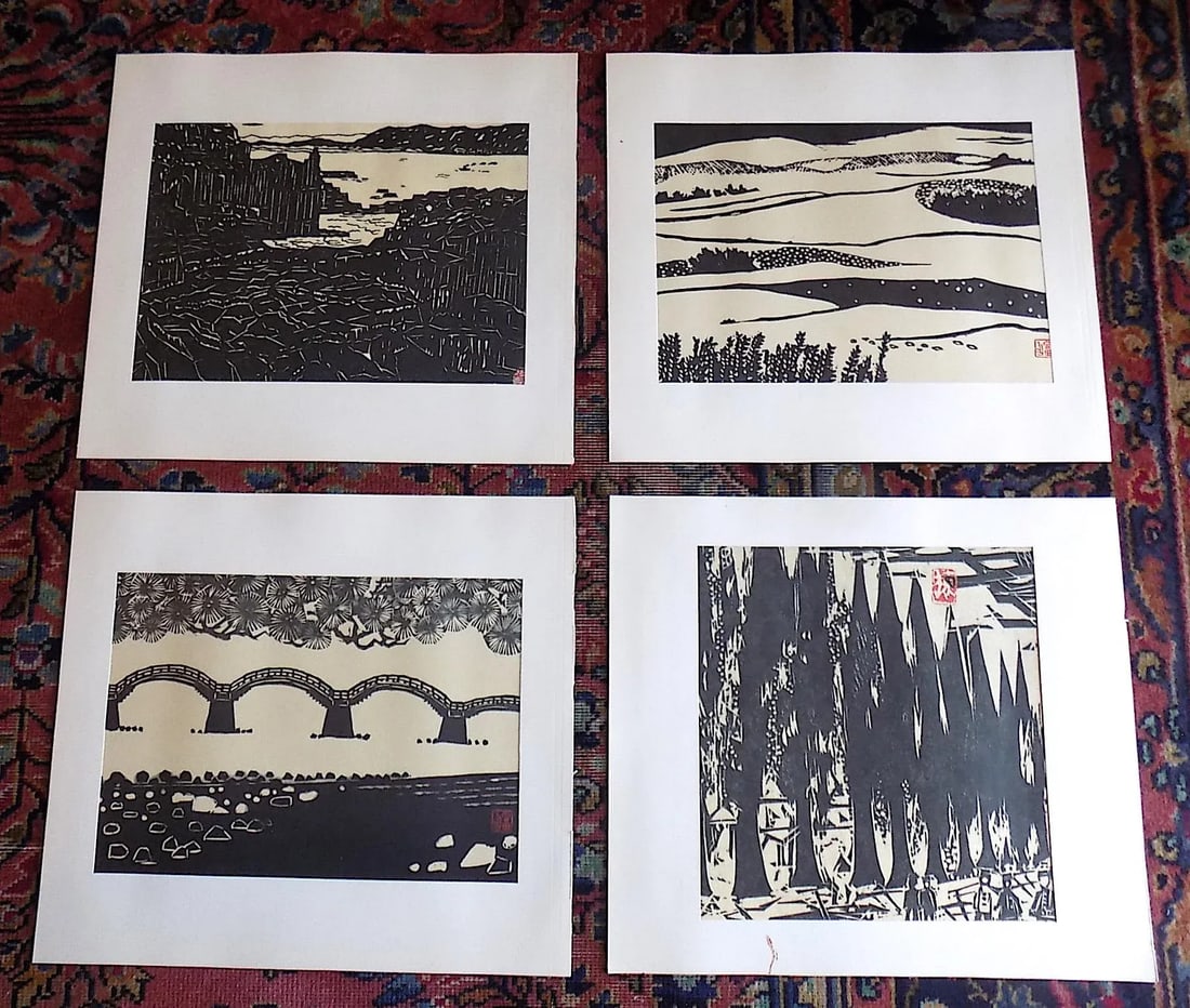 Vintage Signed Folio Size Mid 20th C. Japanese Landscape Lithographs - Set of 4 - 6