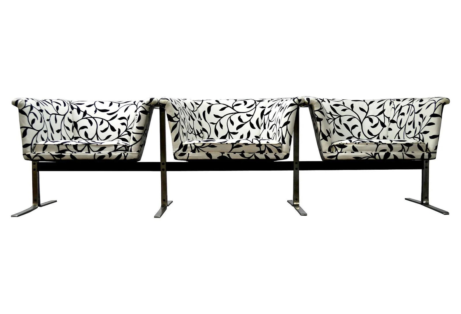 Milo Baughman Triple Seat: Vintage 1960s Rare Milo Baughman triple seat, newly upholstered. Seat, 15"H. Materials: stainless steel/iron/fabric Color: White, Black and Silver Condition: Alterations: Original Design Modified